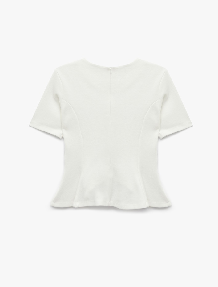  Slim Fit Bisiklet Yaka Kısa Kollu Peplum Bluz