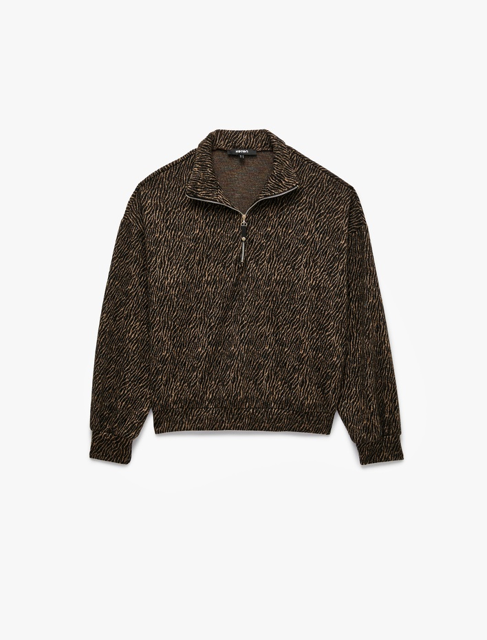  Desenli Uzun Kollu Fermuarlı Yaka Sweatshirt