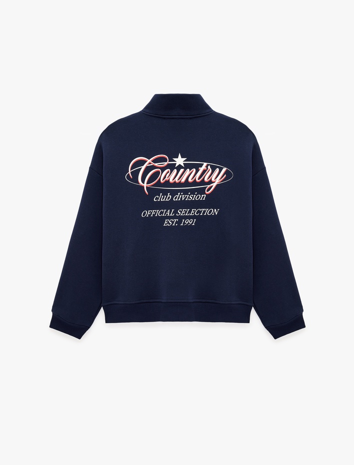  Şardonlu Rahat Kalıp Cep Detaylı Arkası Baskılı Yarım Fermuarlı Sweatshirt