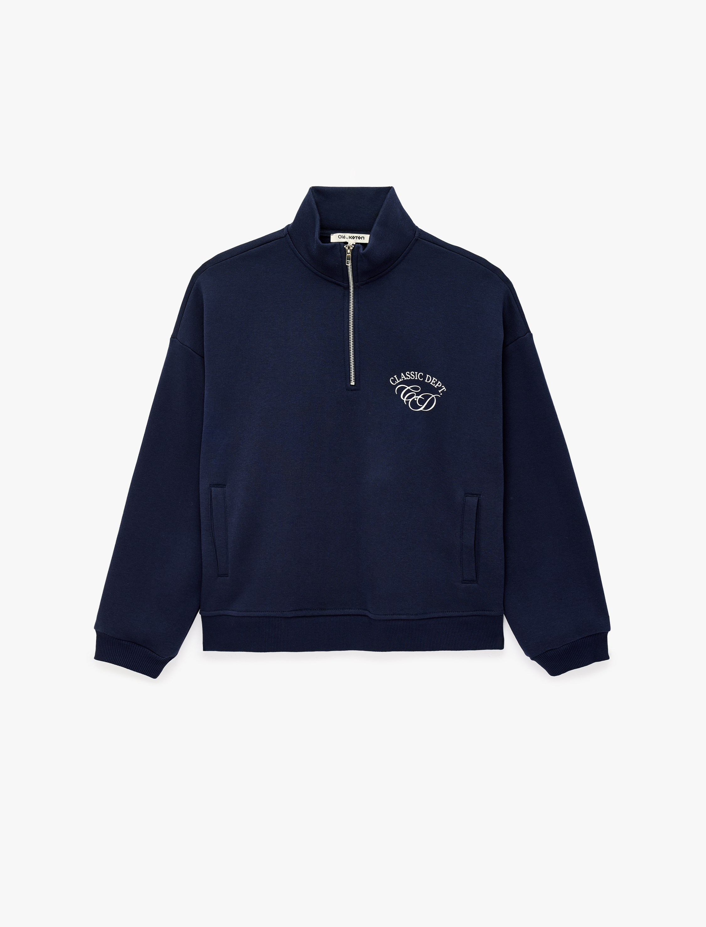   Şardonlu Rahat Kalıp Cep Detaylı Arkası Baskılı Yarım Fermuarlı Sweatshirt