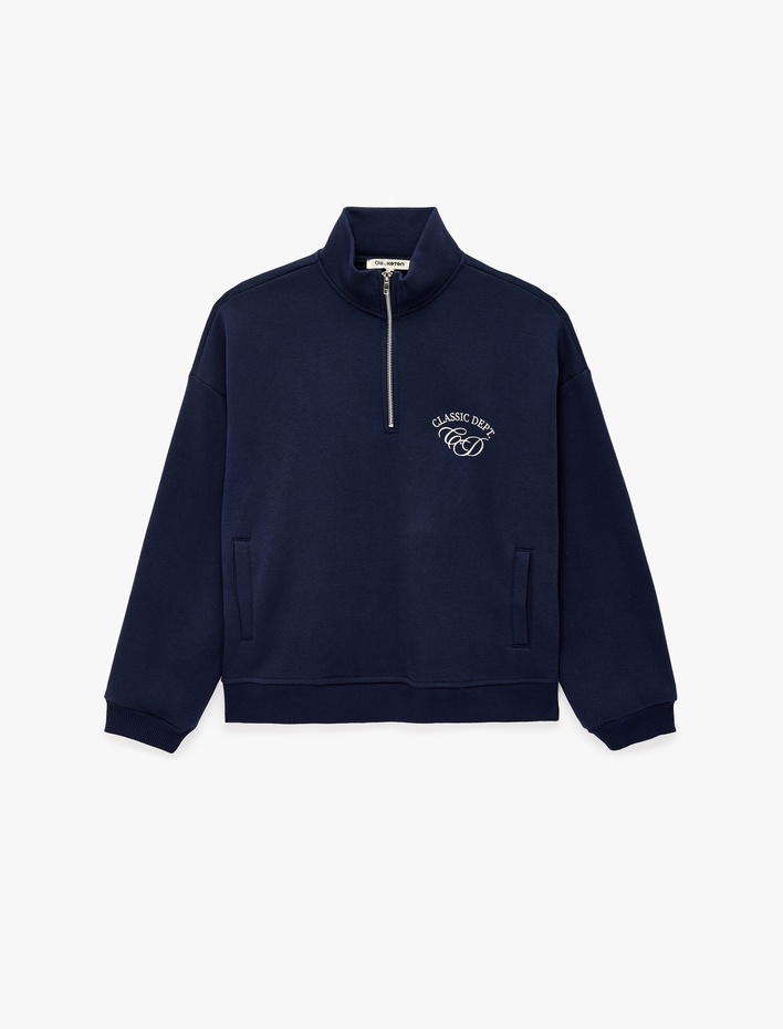  Şardonlu Rahat Kalıp Cep Detaylı Arkası Baskılı Yarım Fermuarlı Sweatshirt