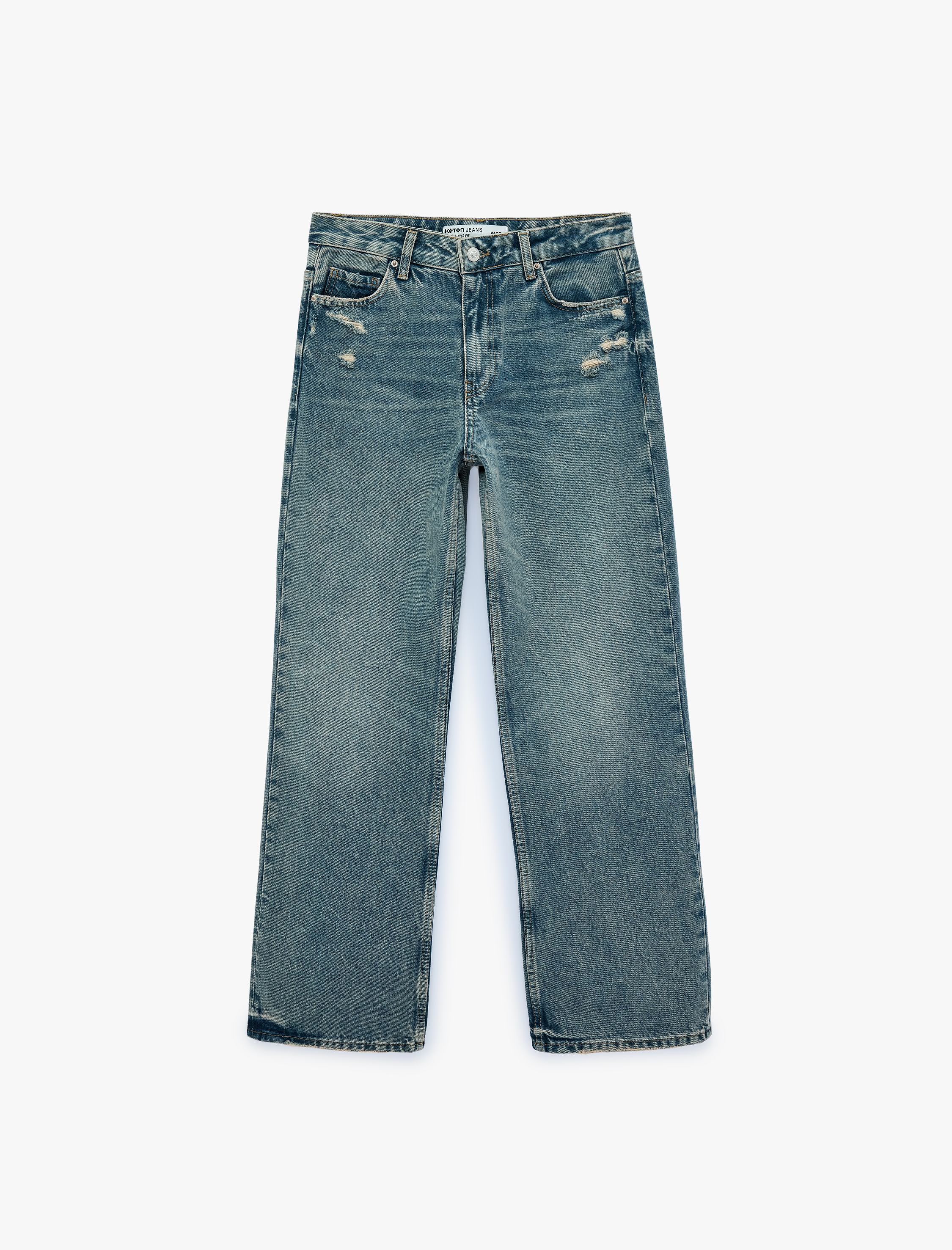   Yıpratma Detaylı Düşük Bel Rahat Kalıp Pamuklu Düz Paça Pantolon - Straight Fit Jean