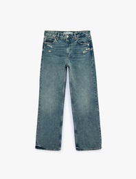 Yıpratma Detaylı Düşük Bel Rahat Kalıp Pamuklu Düz Paça Pantolon - Straight Fit Jean