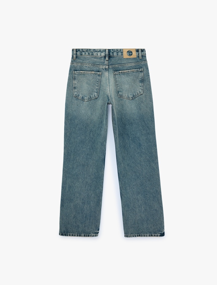  Yıpratma Detaylı Düşük Bel Rahat Kalıp Pamuklu Düz Paça Pantolon - Straight Fit Jean