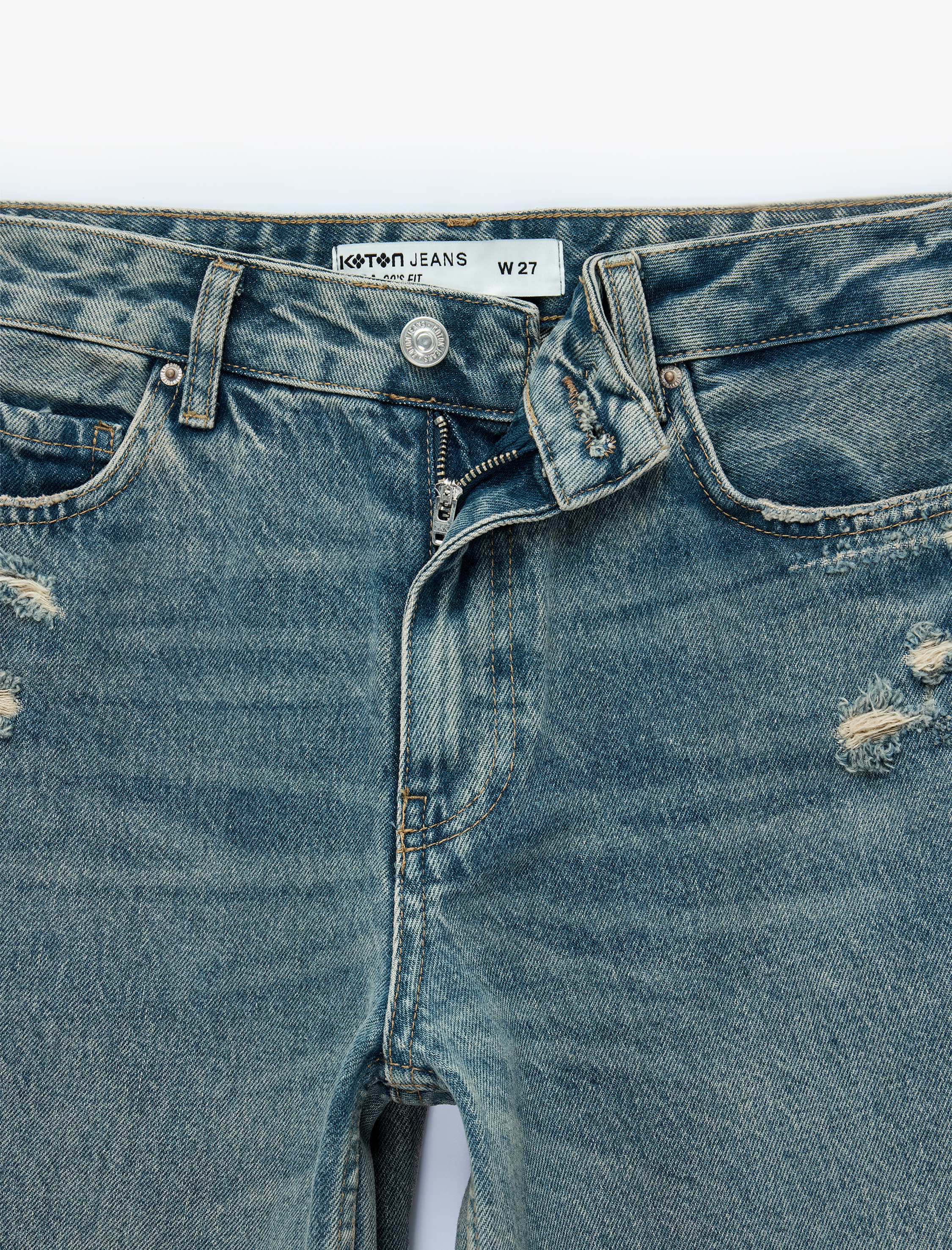  Yıpratma Detaylı Düşük Bel Rahat Kalıp Pamuklu Düz Paça Pantolon - Straight Fit Jean