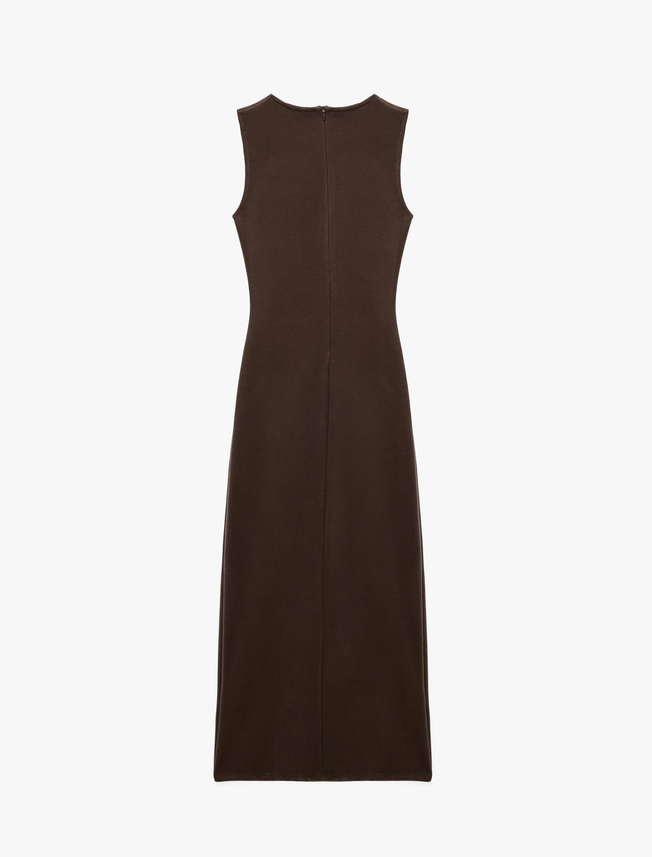   Slim Fit Bisiklet Yaka Yırtmaçlı Drape Detaylı Kolsuz Midi Elbise