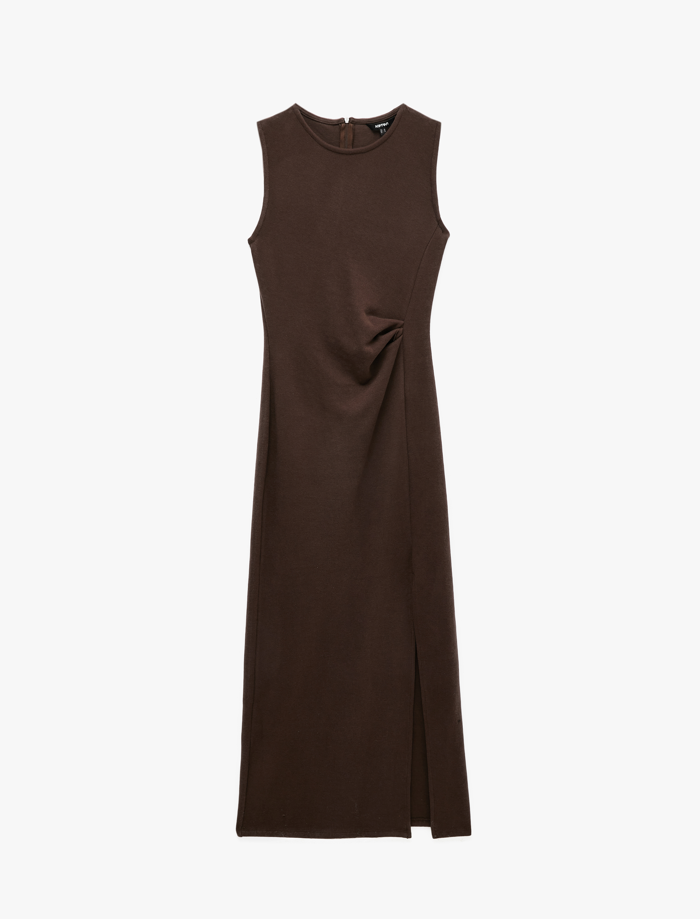   Slim Fit Bisiklet Yaka Yırtmaçlı Drape Detaylı Kolsuz Midi Elbise