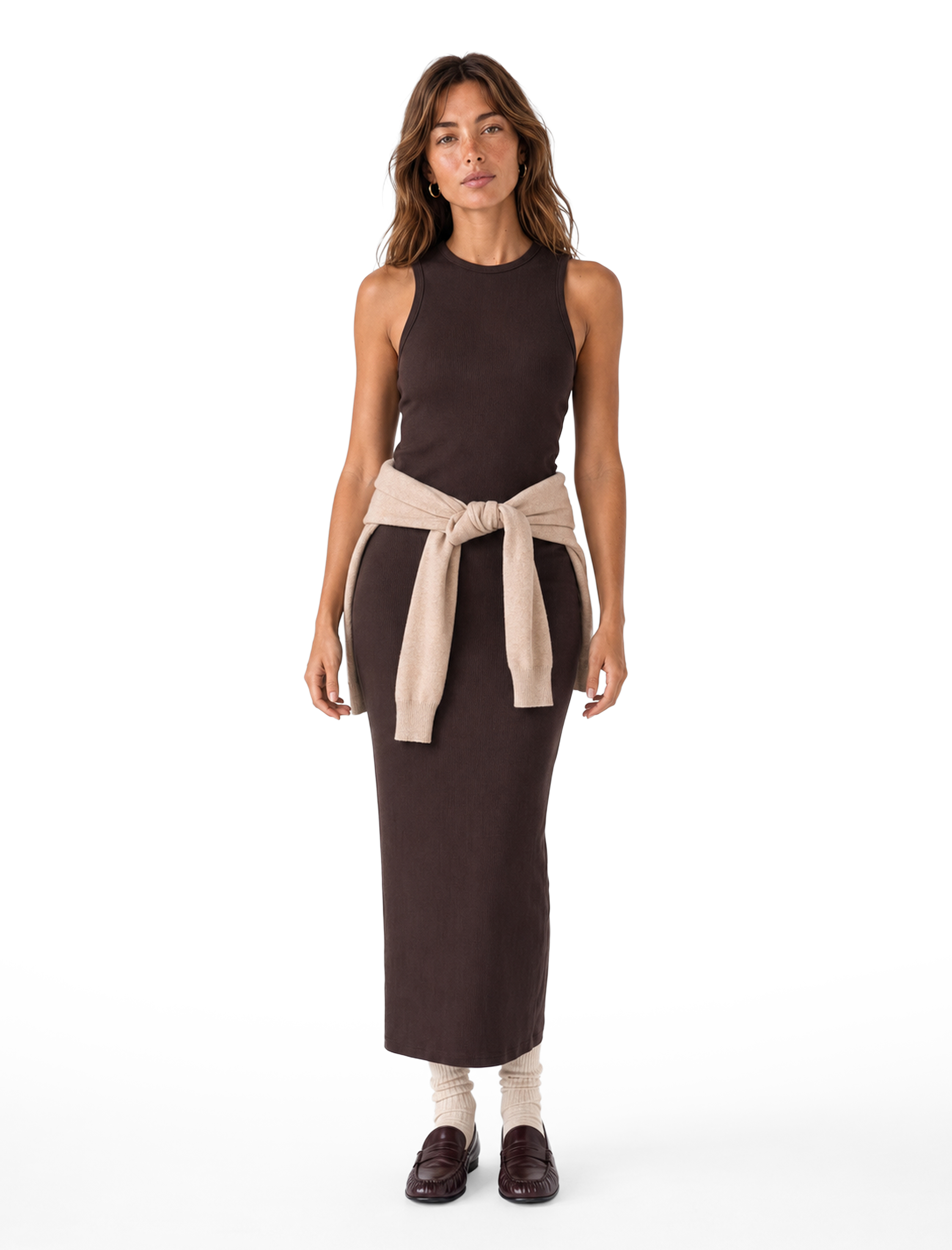   Kaşkorse Pamuklu Slim Fit Bisiklet Yaka Kolsuz Fitilli Bodycon Midi Elbise