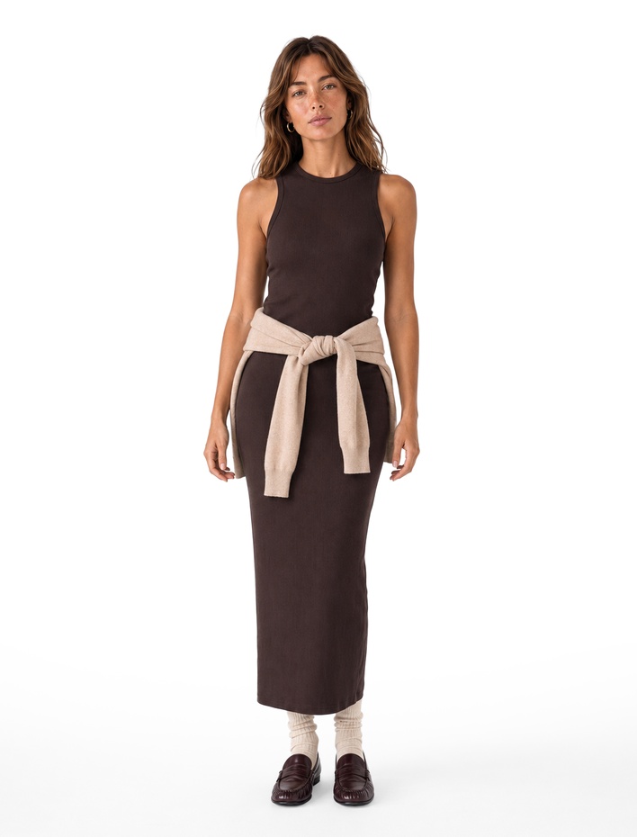  Kaşkorse Pamuklu Slim Fit Bisiklet Yaka Kolsuz Fitilli Bodycon Midi Elbise