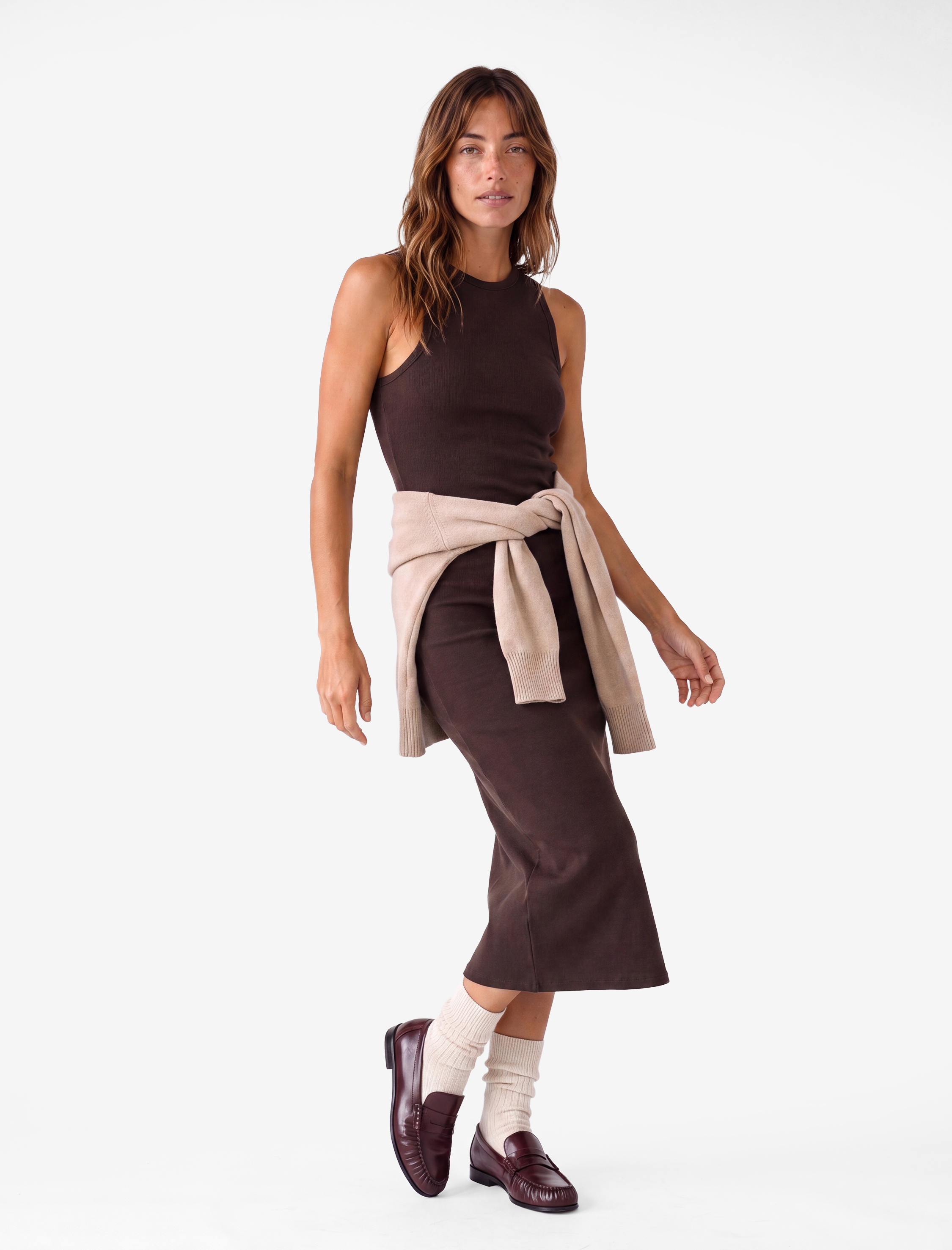   Kaşkorse Pamuklu Slim Fit Bisiklet Yaka Kolsuz Fitilli Bodycon Midi Elbise