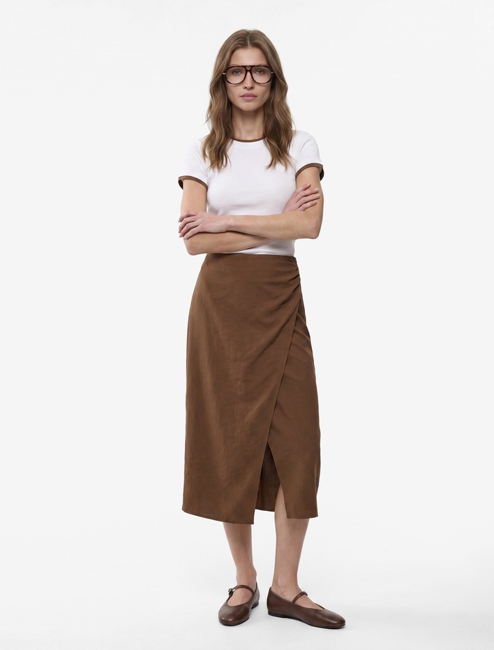  Drapeli Yırtmaç Detaylı Asimetrik Kruvaze Midi Etek