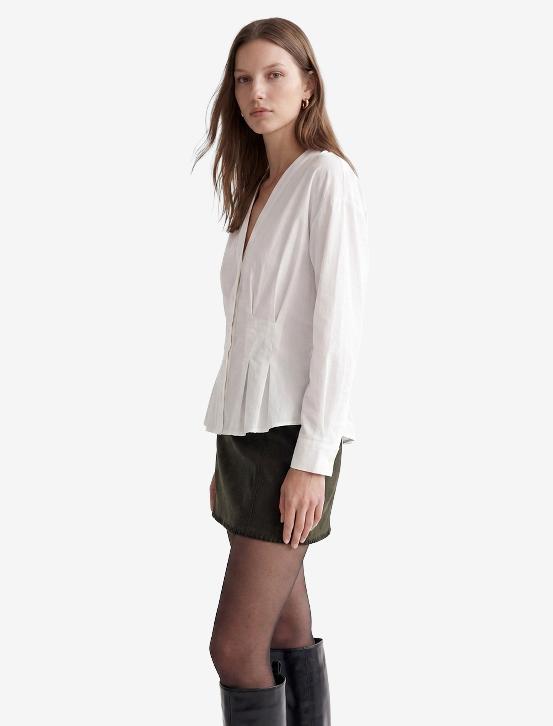   Slim Fit Düğmeli Uzun Kollu V Yaka Poplin Gömlek