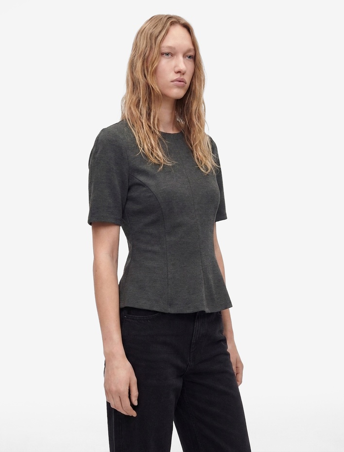  Slim Fi Dikiş Detaylı Bisiklet Yaka Kısa Kollu Peplum Tişört