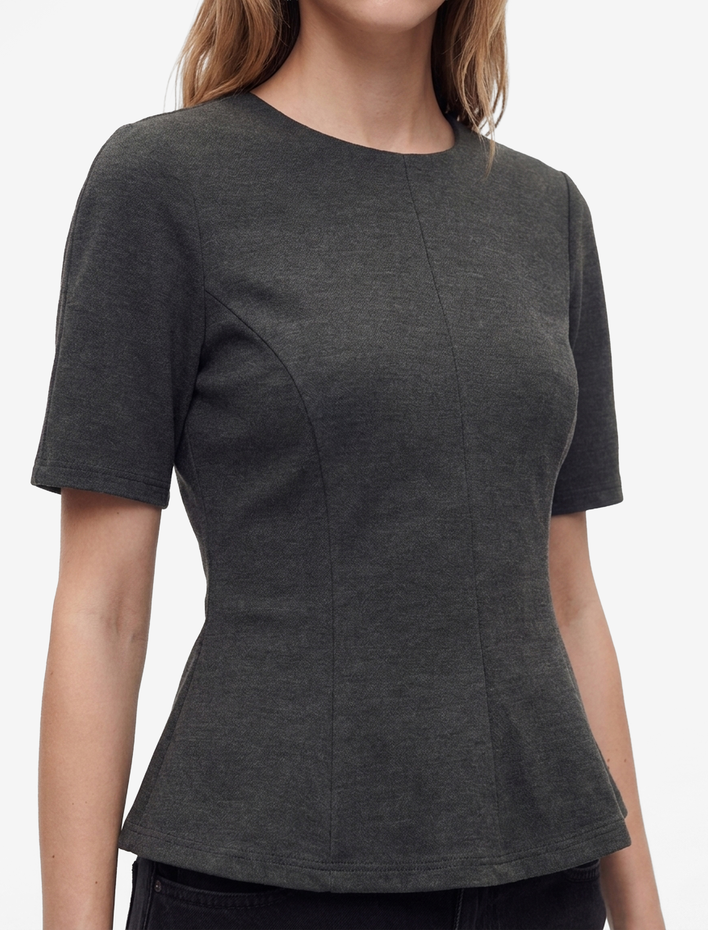   Slim Fi Dikiş Detaylı Bisiklet Yaka Kısa Kollu Peplum Tişört
