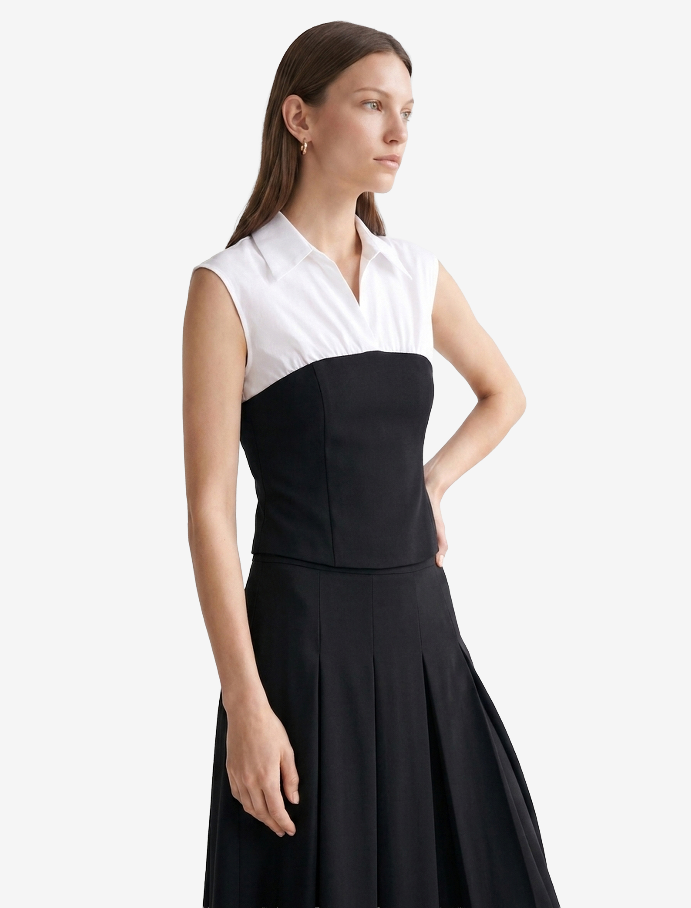   Slim Fit Pamuklu Gömlek Yaka Renk Bloklu Kolsuz Poplin Bluz
