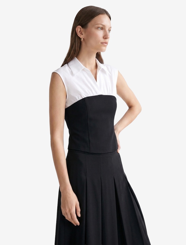  Slim Fit Pamuklu Gömlek Yaka Renk Bloklu Kolsuz Poplin Bluz