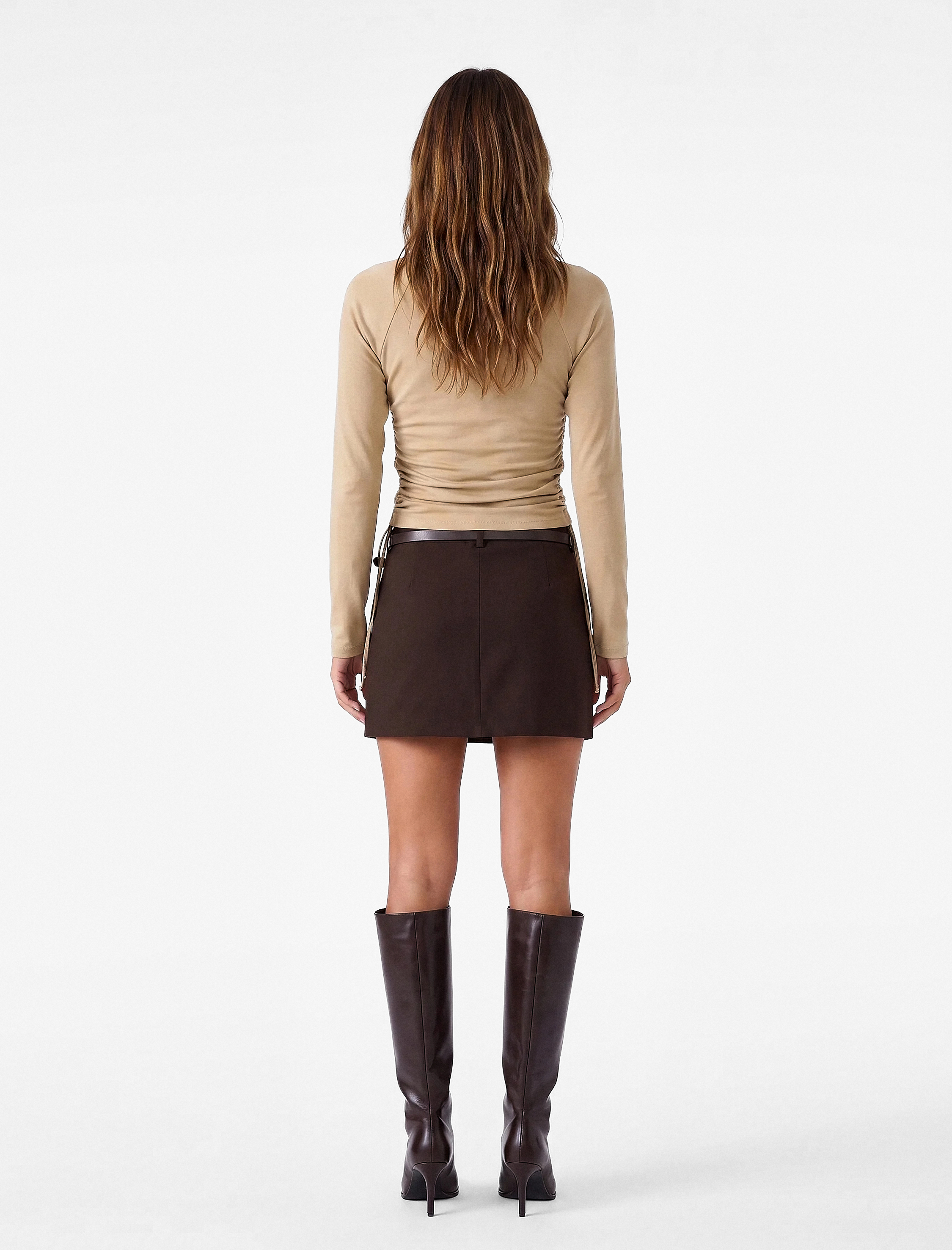   Pamuklu Slim Fit Uzun Kollu Bisiklet Yaka Yanları Büzgülü Bağlamalı Tişört