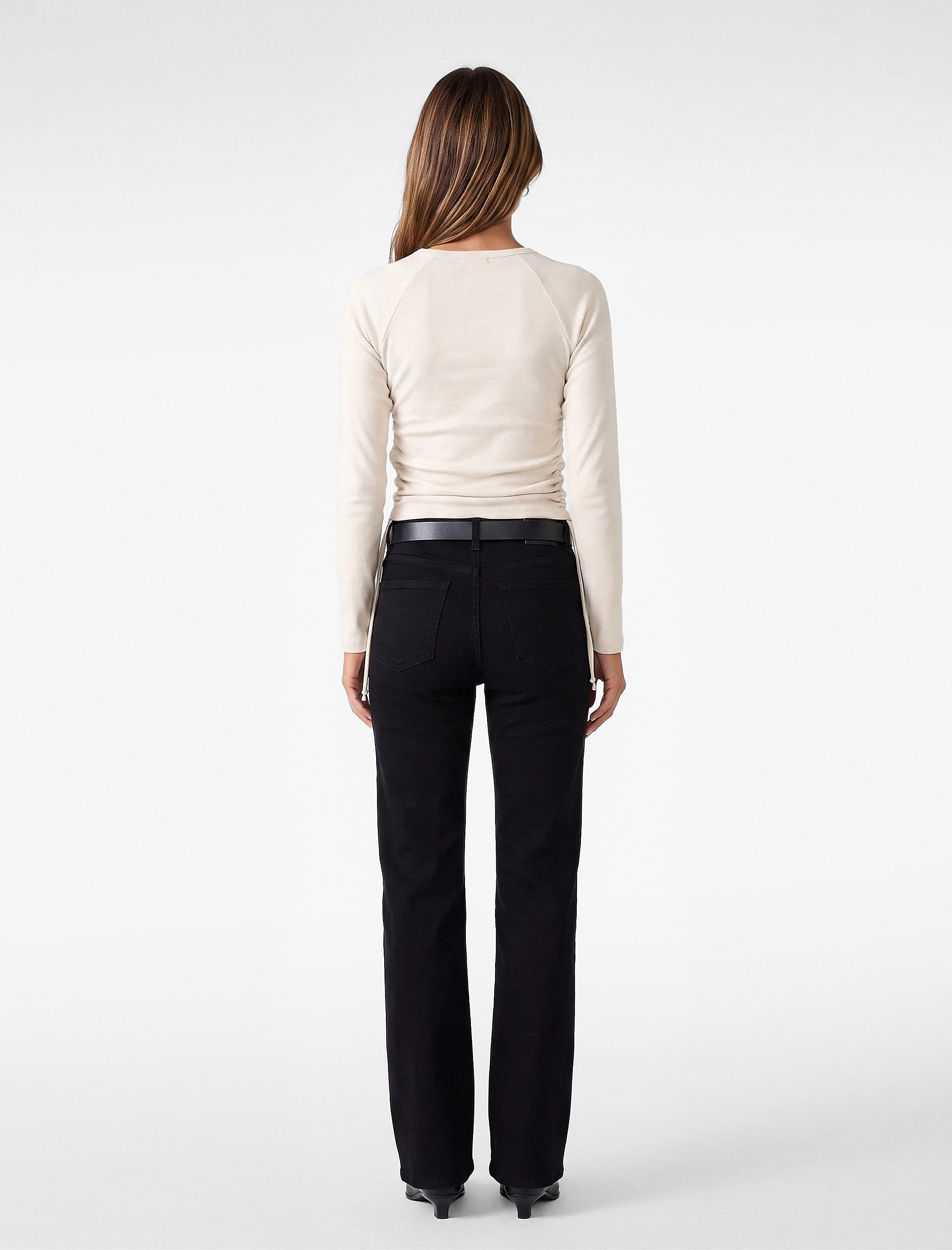   Pamuklu Slim Fit Uzun Kollu Bisiklet Yaka Yanları Büzgülü Bağlamalı Tişört