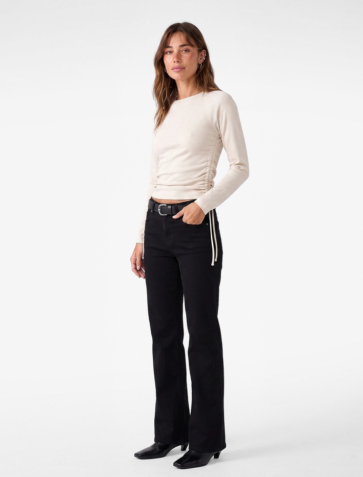  Pamuklu Slim Fit Uzun Kollu Bisiklet Yaka Yanları Büzgülü Bağlamalı Tişört
