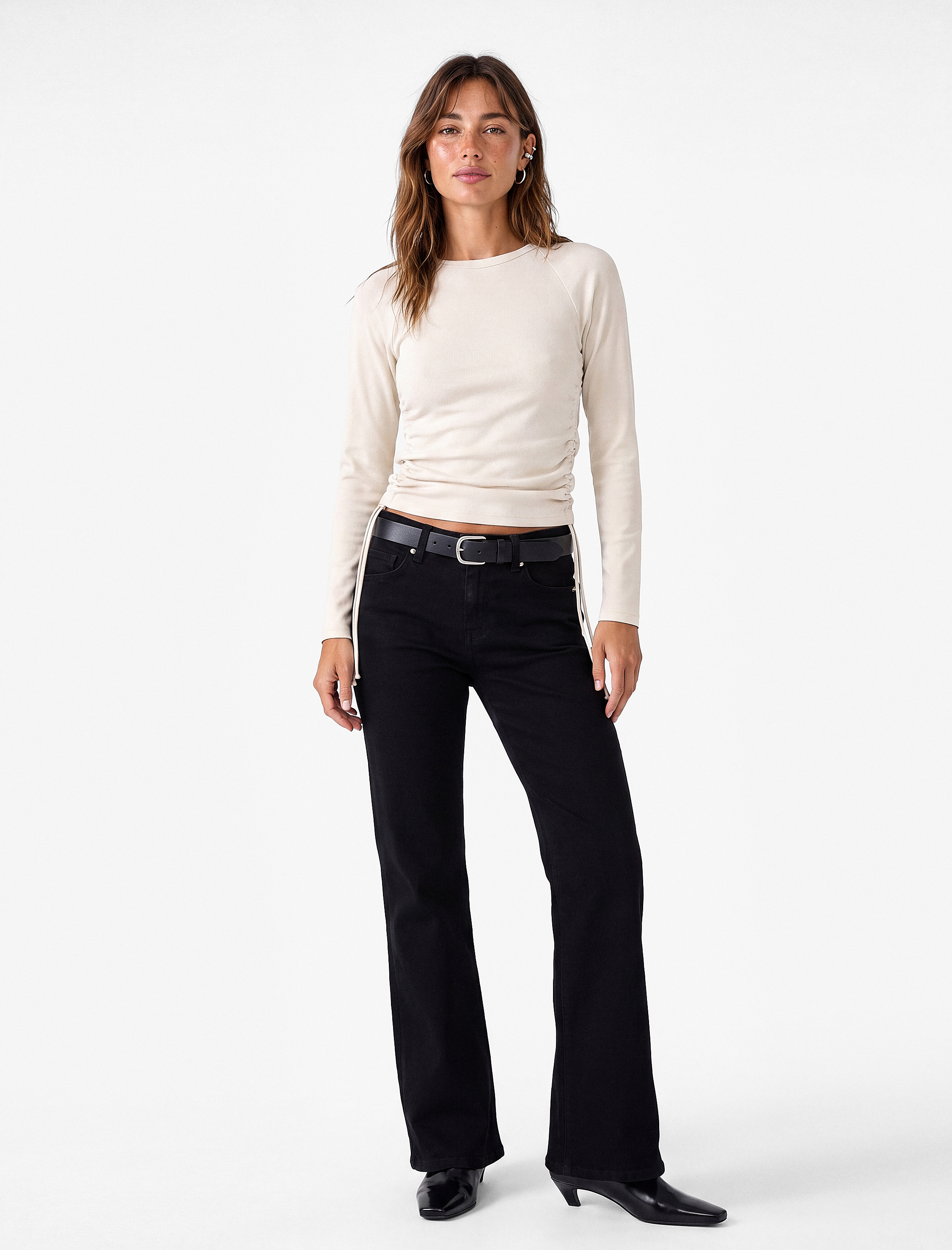  Pamuklu Slim Fit Uzun Kollu Bisiklet Yaka Yanları Büzgülü Bağlamalı Tişört