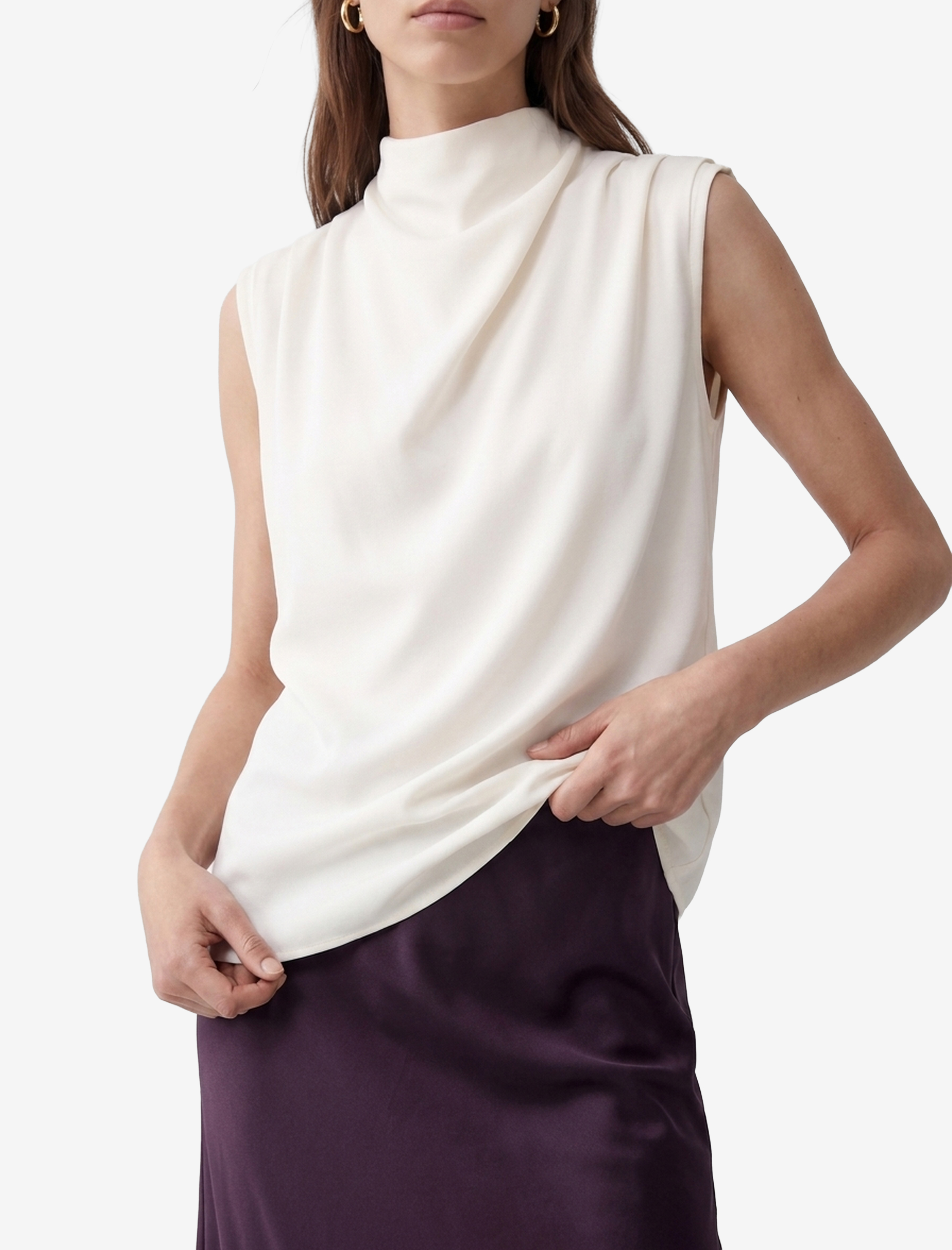   Krep Kumaş Drape Detaylı Dik Yaka Kolsuz Bluz