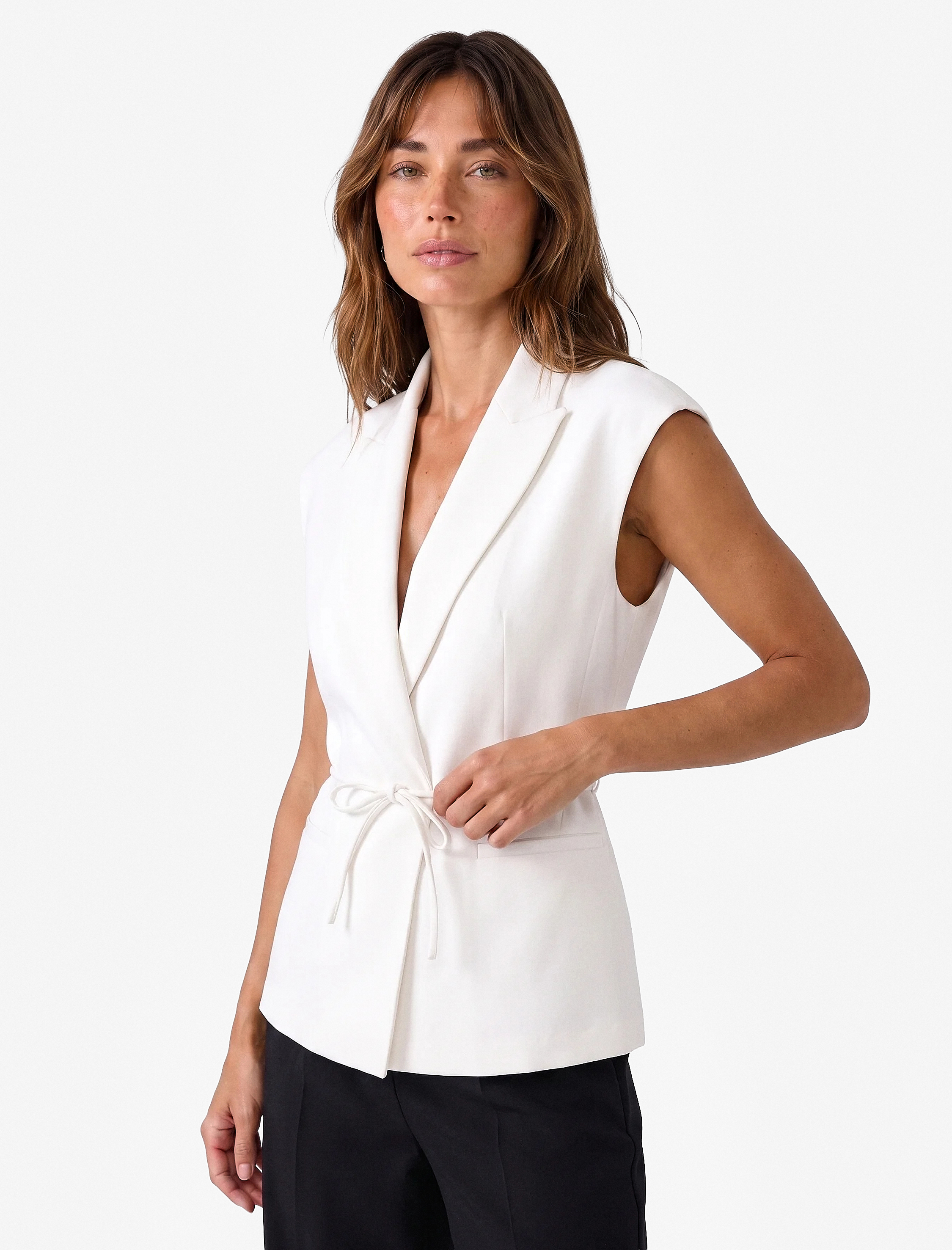   Cepli Beli Bağcıklı Kolsuz Uzun Kruvaze Blazer Yelek
