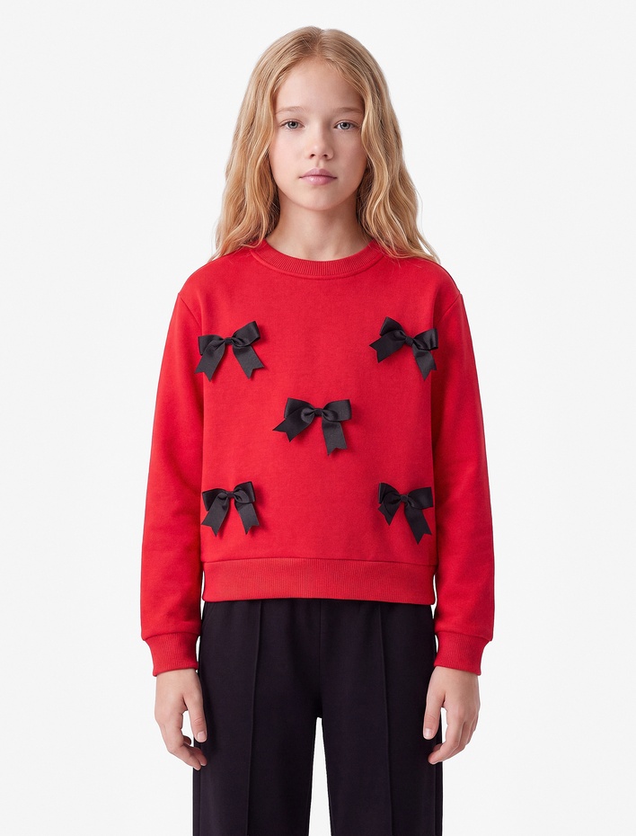 Kız Çocuk Fiyonklu Uzun Kollu Bisiklet Yaka Pamuklu Şardonlu Sweatshirt