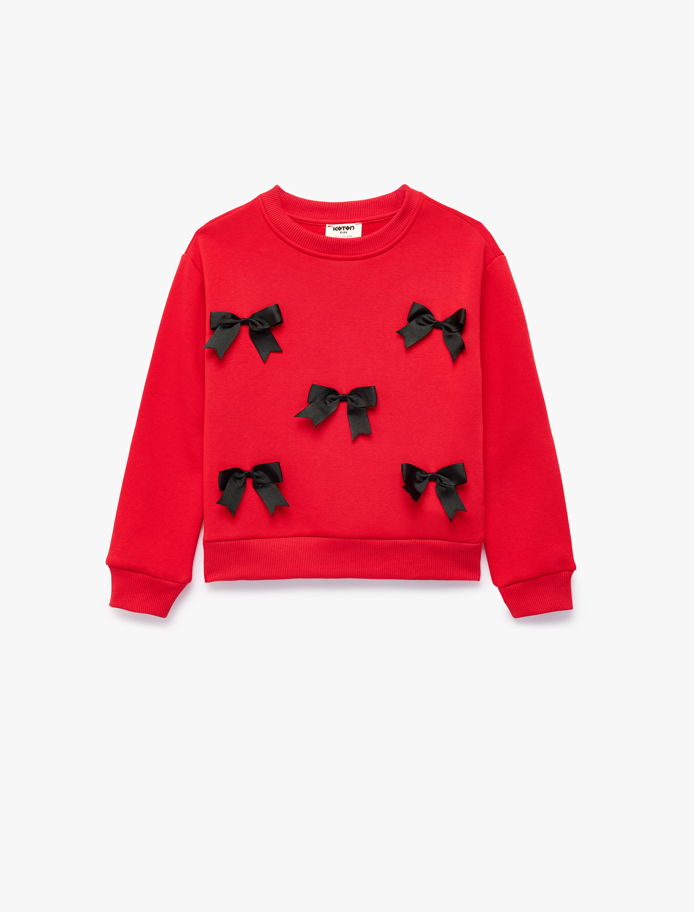  Kız Çocuk Fiyonklu Uzun Kollu Bisiklet Yaka Pamuklu Şardonlu Sweatshirt