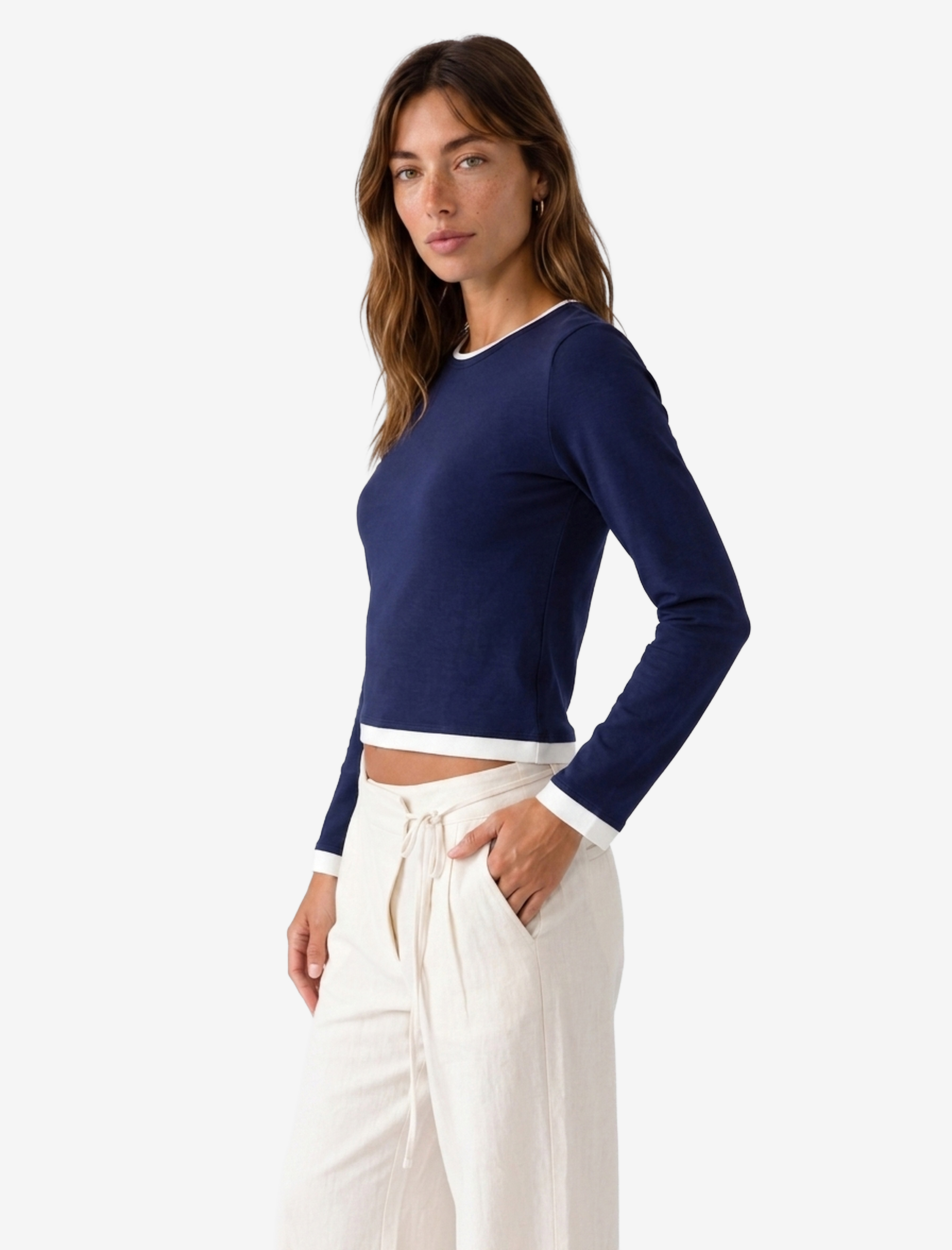   Slim Fit Renk Kontrastlı Katmanlı Uzun Kollu Bisiklet Yaka Tişört