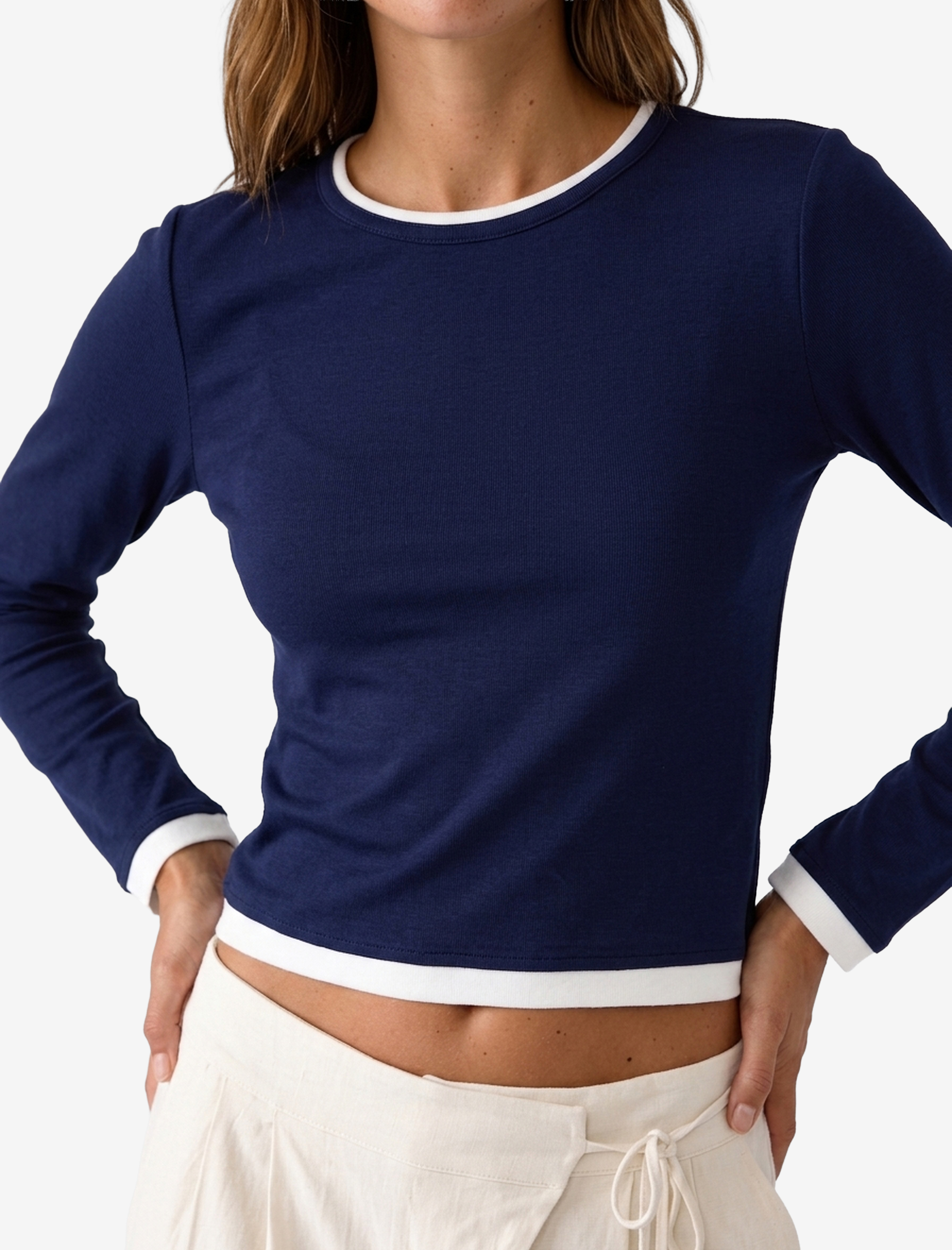   Slim Fit Renk Kontrastlı Katmanlı Uzun Kollu Bisiklet Yaka Tişört