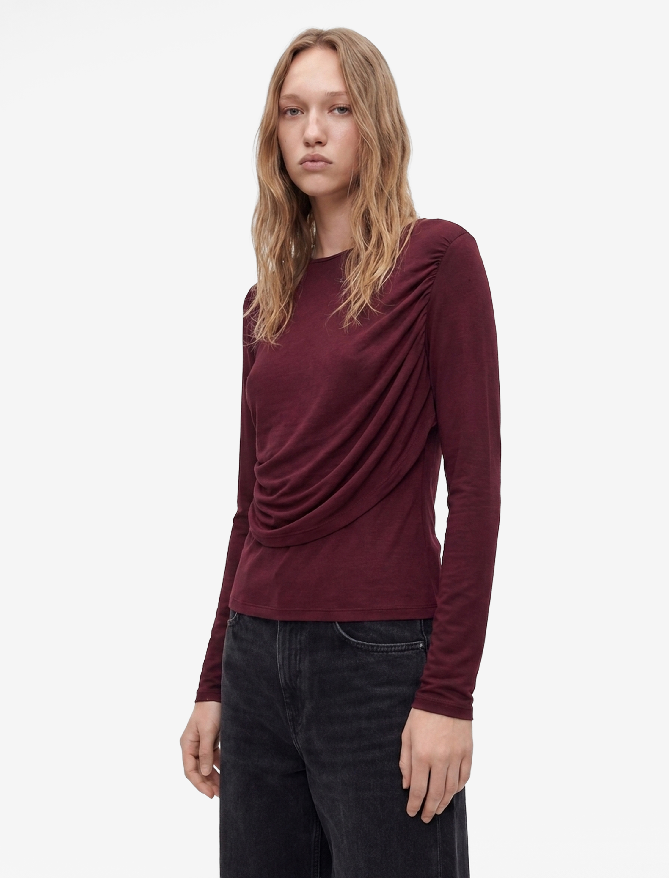   Uzun Kollu Slim Fit Drape Detaylı Tişört