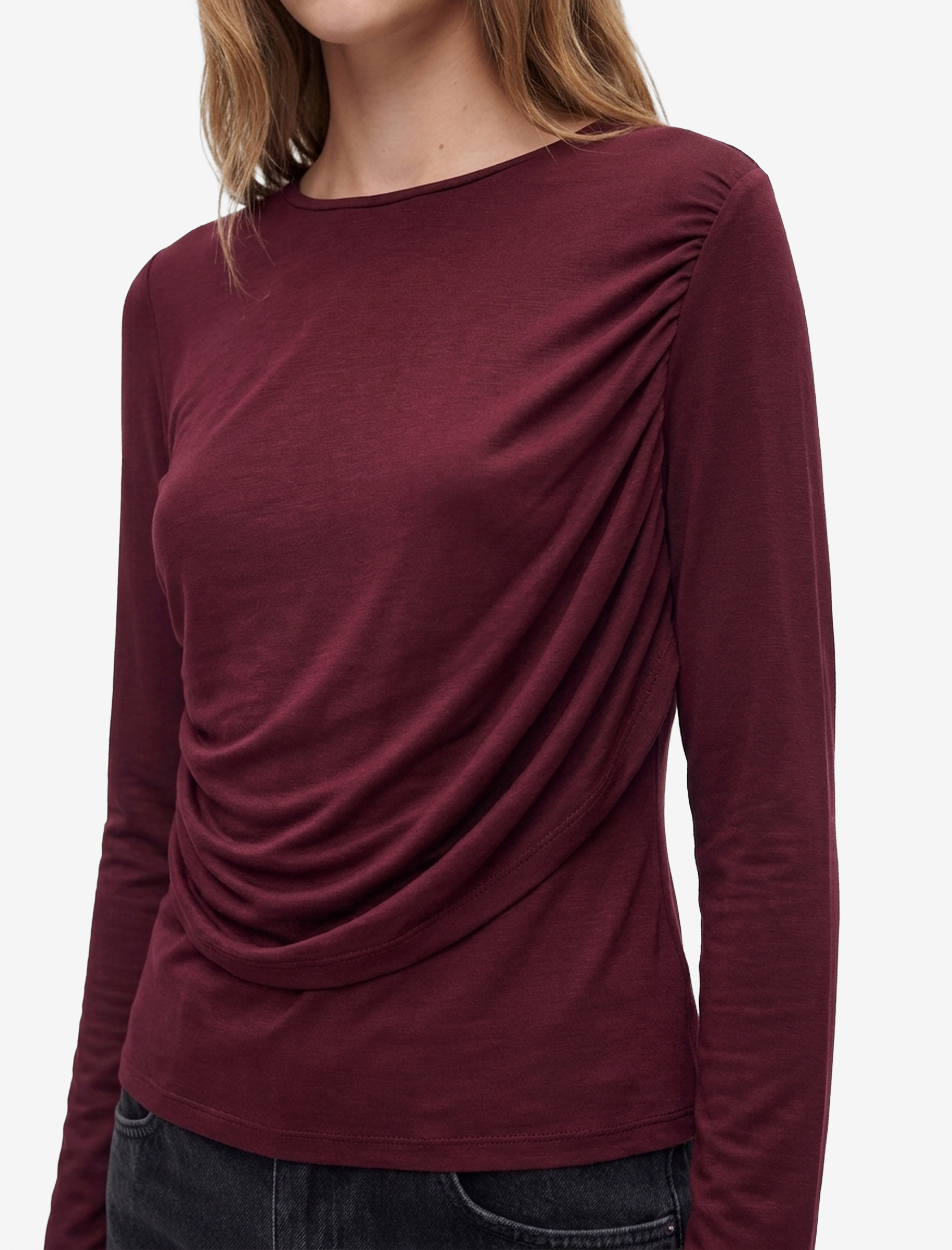  Uzun Kollu Slim Fit Drape Detaylı Tişört