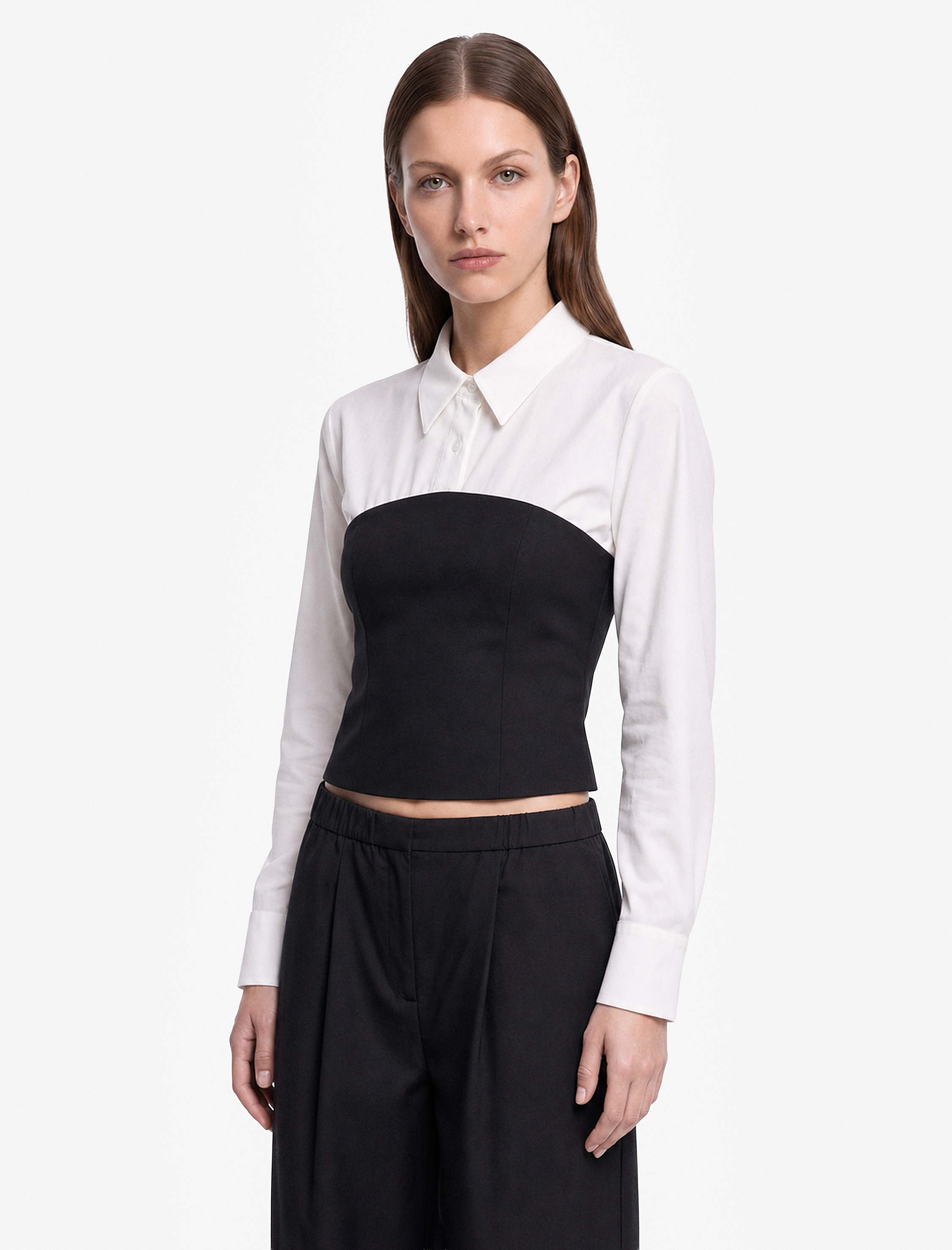   Pamuklu Slim Fit Renk Kontrastlı Uzun Kollu Korse Detaylı Poplin Gömlek