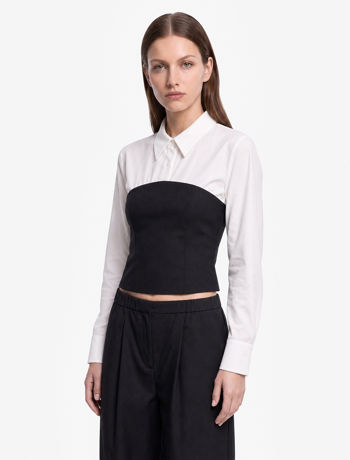  Pamuklu Slim Fit Renk Kontrastlı Uzun Kollu Korse Detaylı Poplin Gömlek