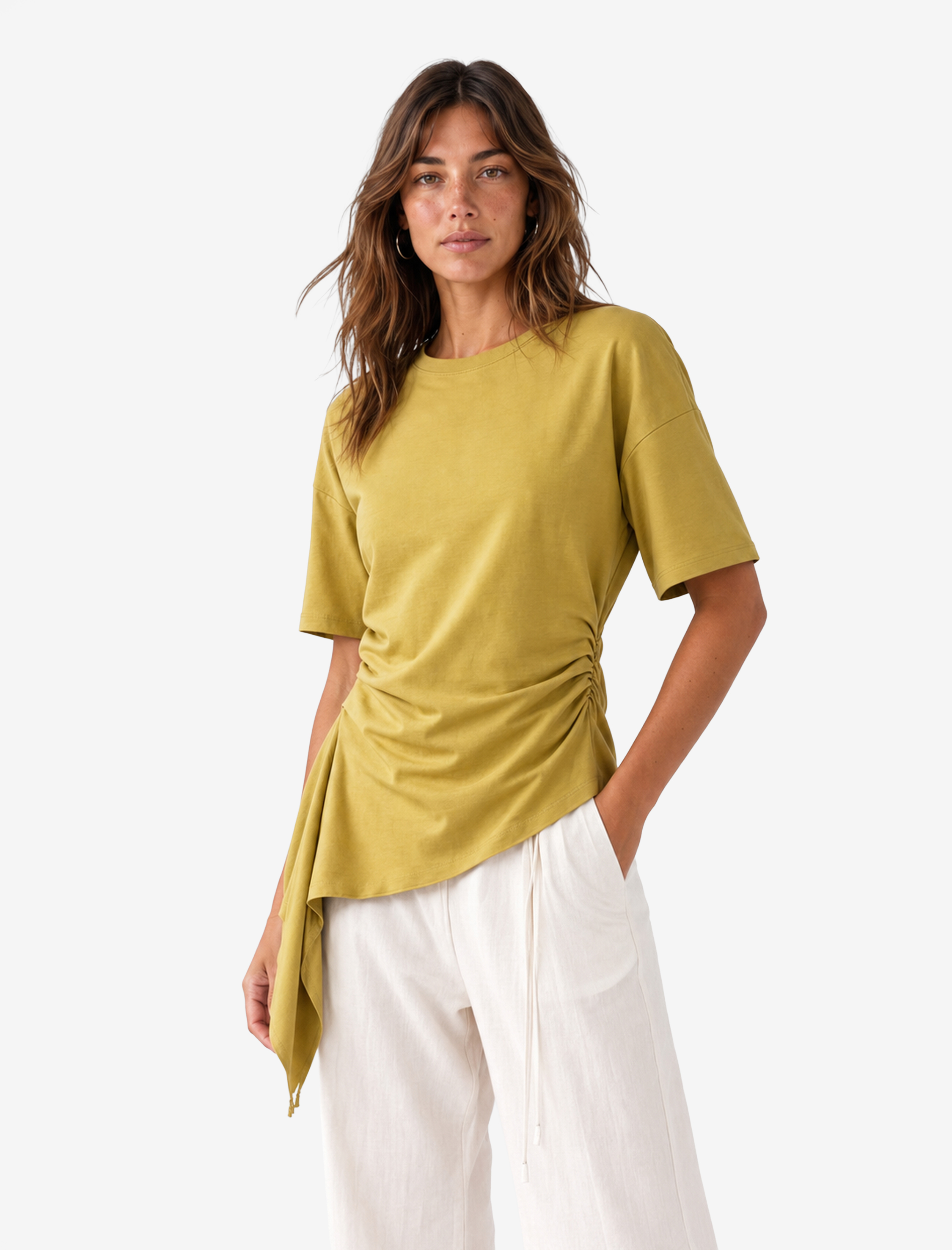   Pamuklu Slim Fit Kısa Kollu Fırfırlı Drapeli Asimetrik Kesim Tişört