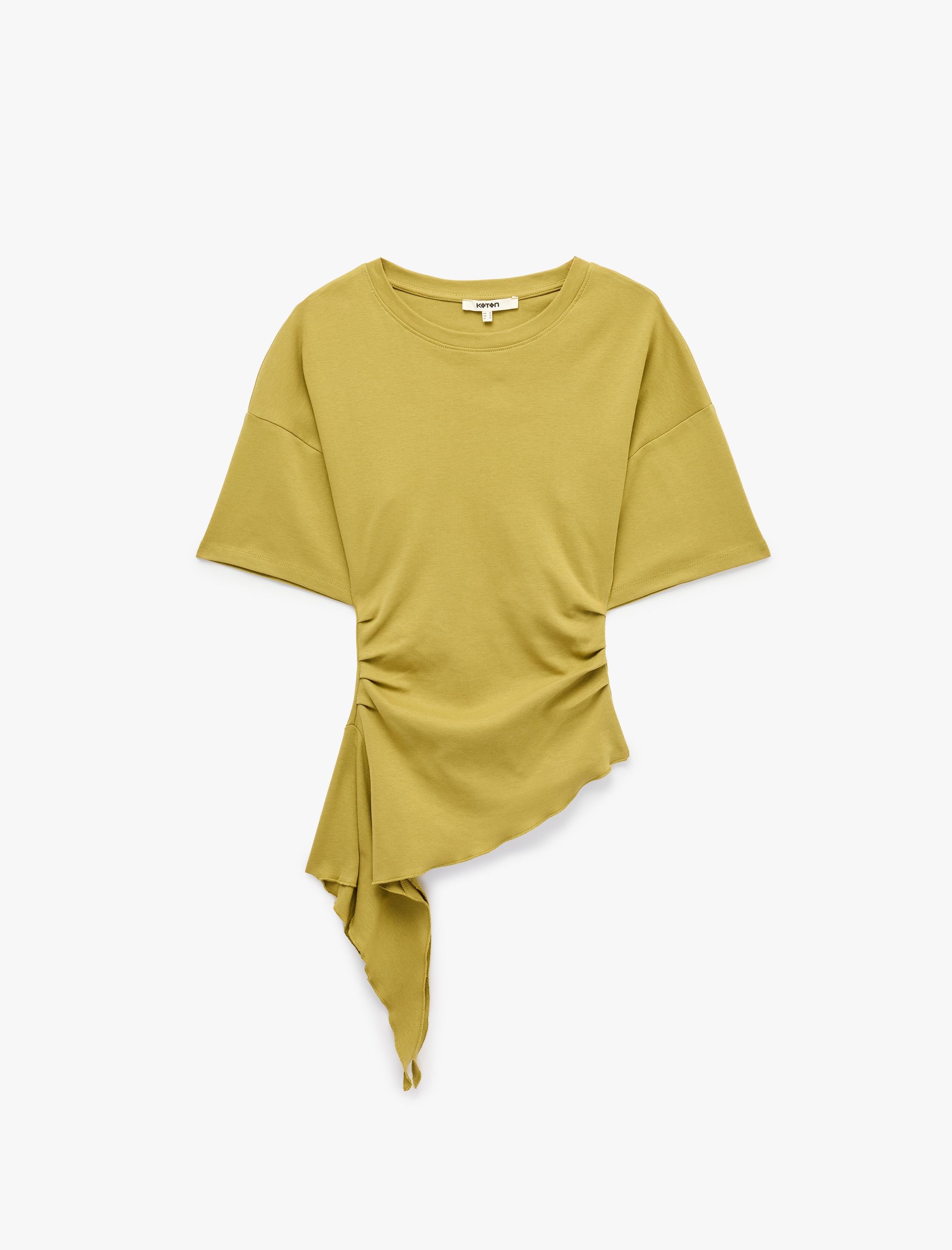   Pamuklu Slim Fit Kısa Kollu Fırfırlı Drapeli Asimetrik Kesim Tişört