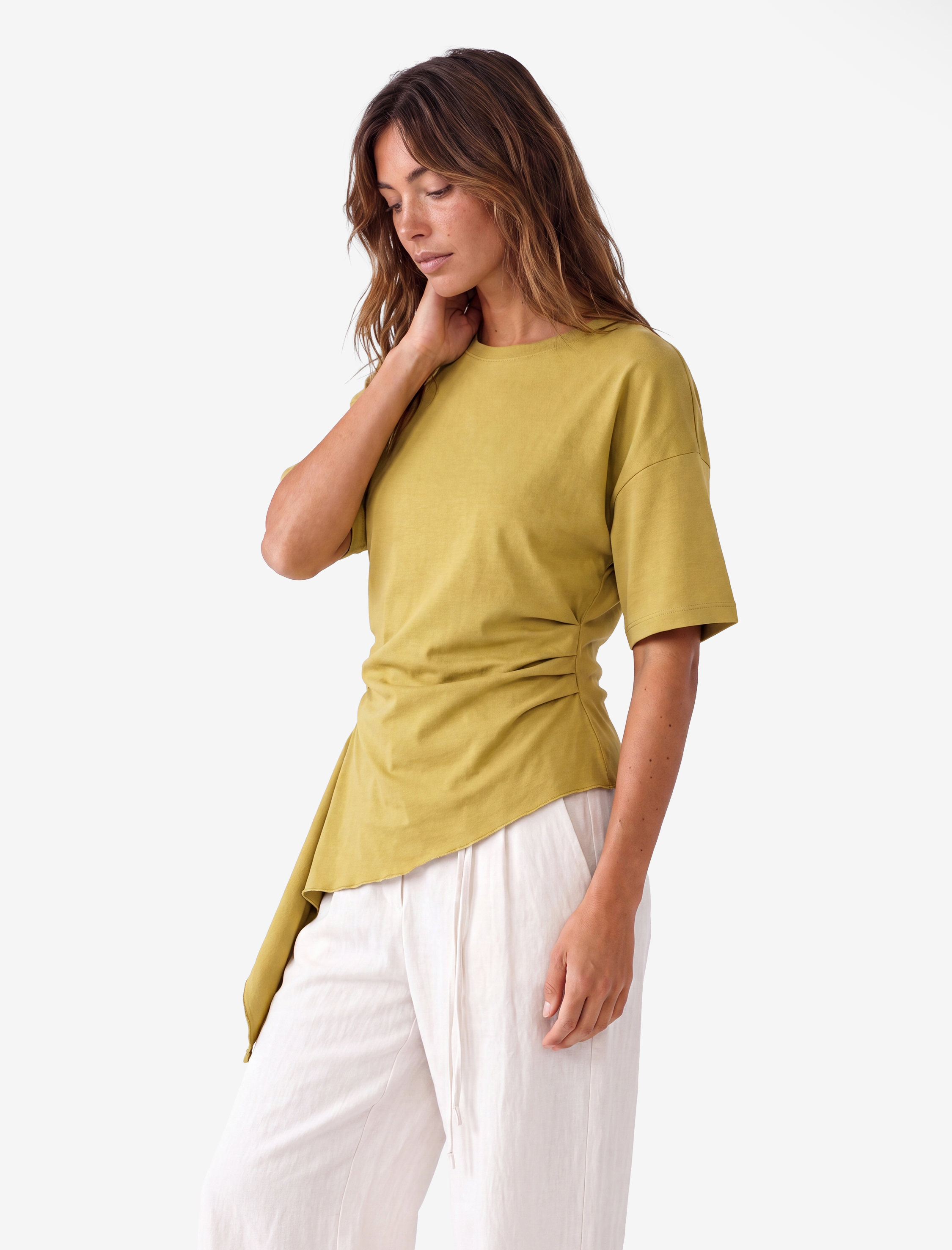   Pamuklu Slim Fit Kısa Kollu Fırfırlı Drapeli Asimetrik Kesim Tişört