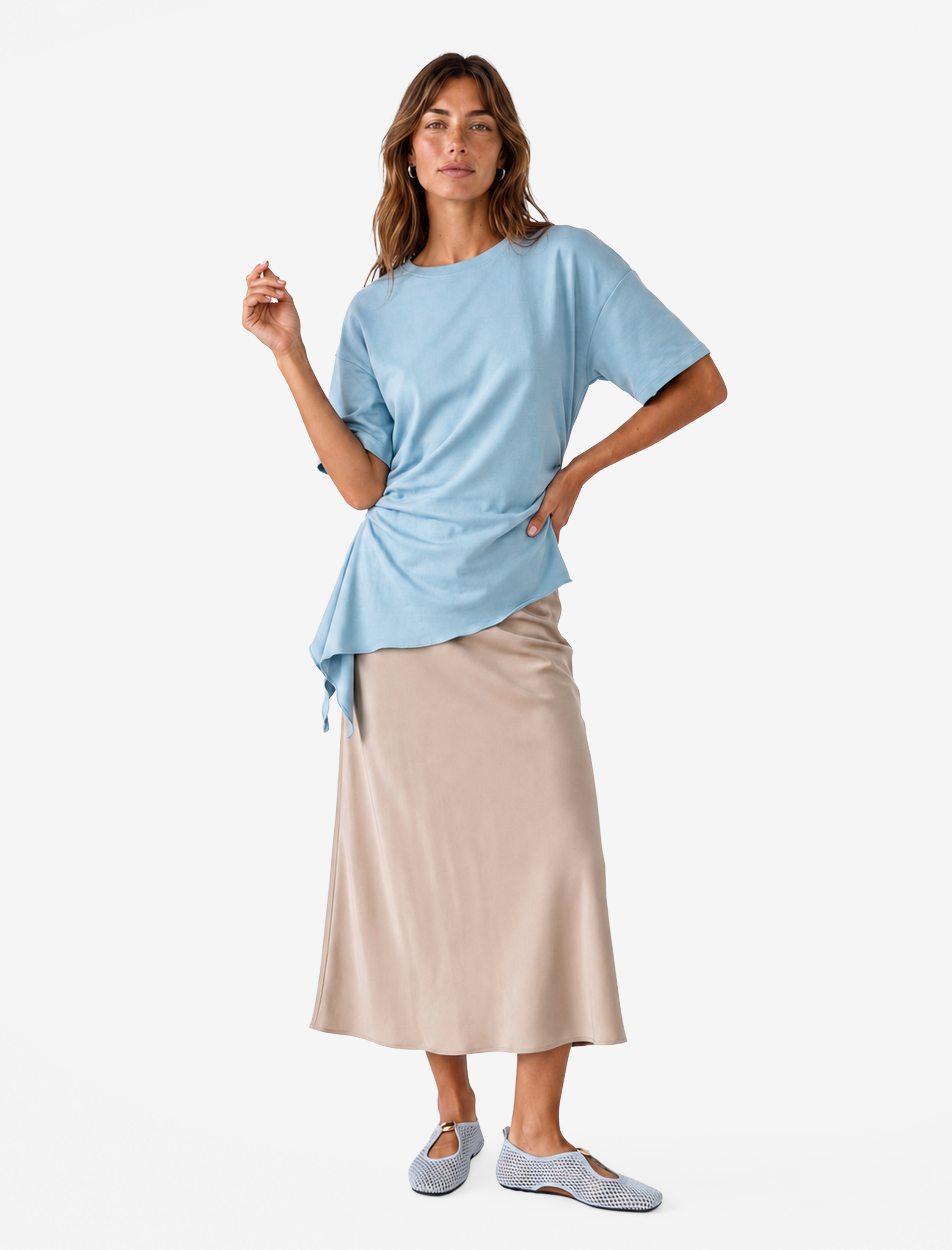   Pamuklu Slim Fit Kısa Kollu Fırfırlı Drapeli Asimetrik Kesim Tişört