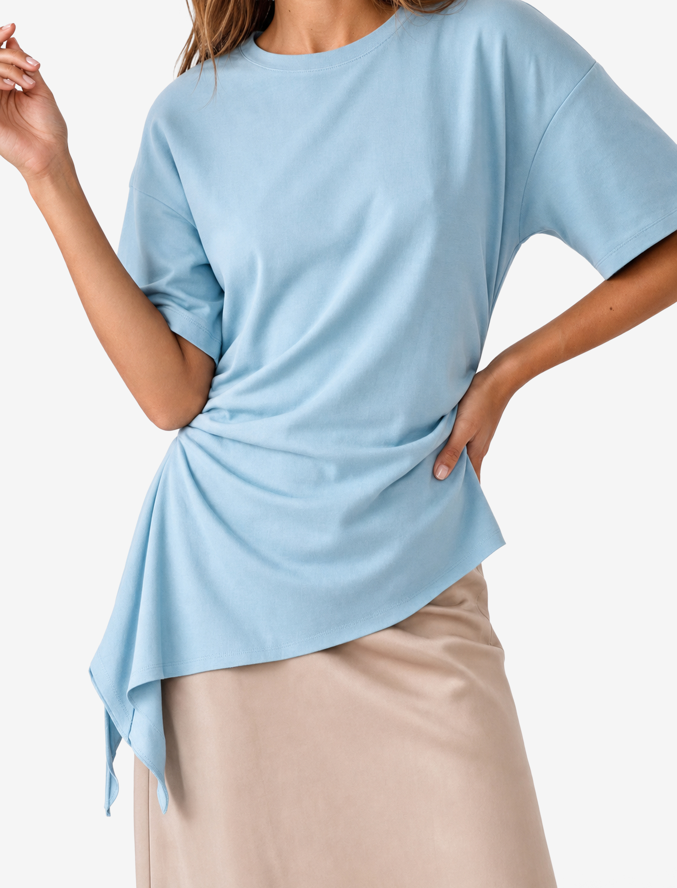   Pamuklu Slim Fit Kısa Kollu Fırfırlı Drapeli Asimetrik Kesim Tişört