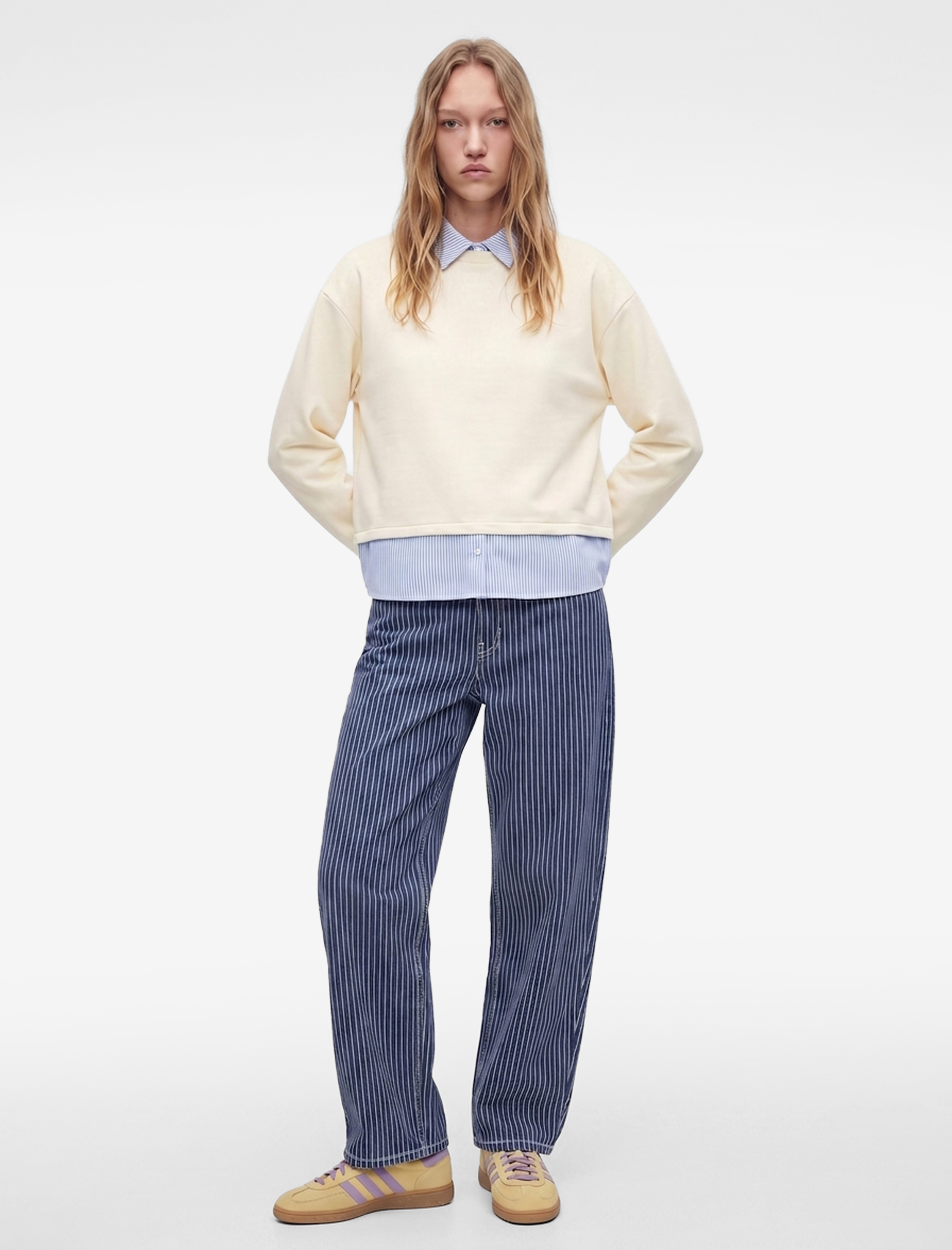   Rahat Kalıp Uzun Kollu Çizgili Gömlek Yaka Katmanlı Sweatshirt