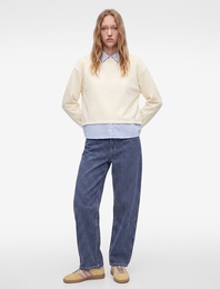 Rahat Kalıp Uzun Kollu Çizgili Gömlek Yaka Katmanlı Sweatshirt