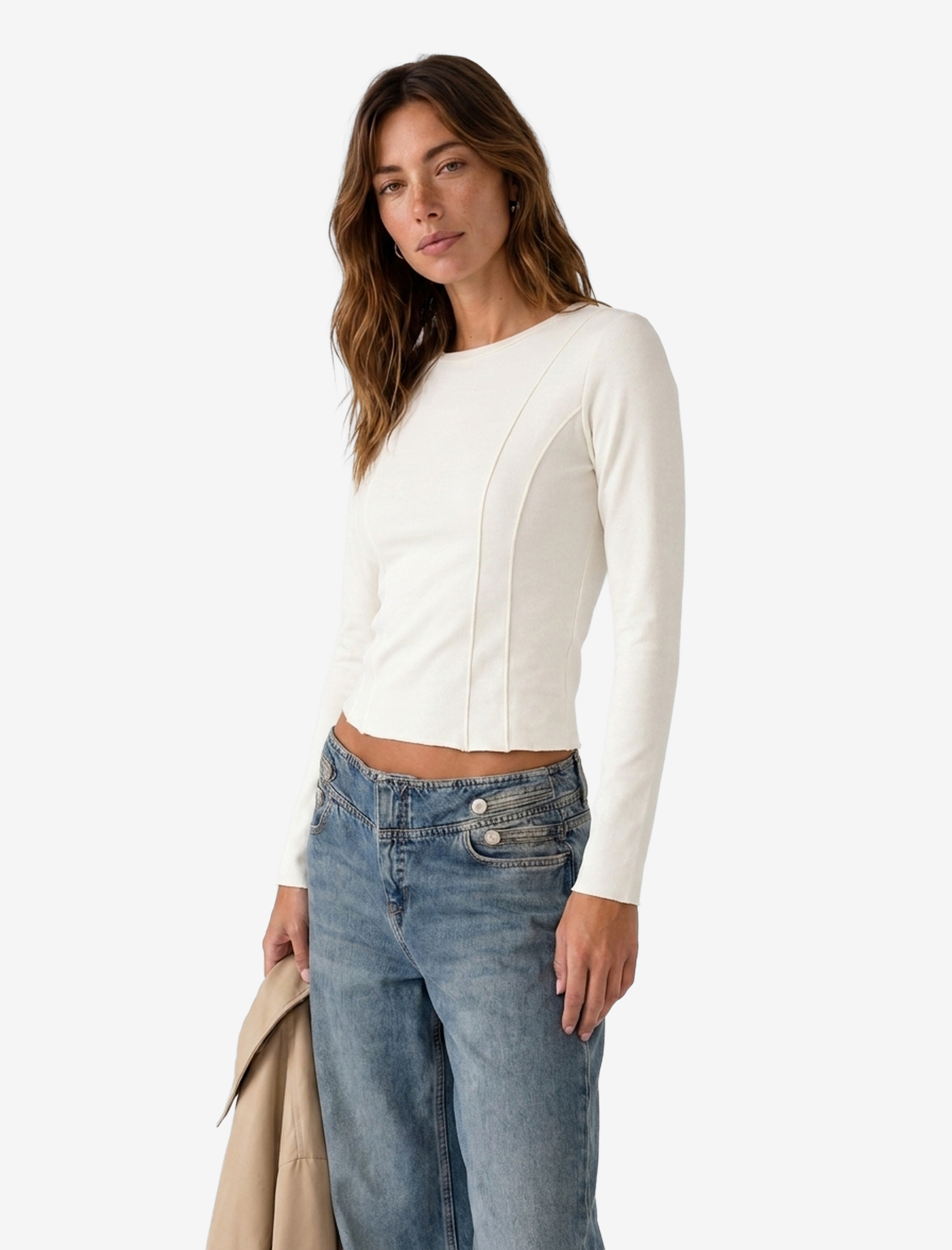   Koyun Yünü Karışımlı Slim Fit Dikiş Detaylı Uzun Kollu Bisiklet Yaka Bluz