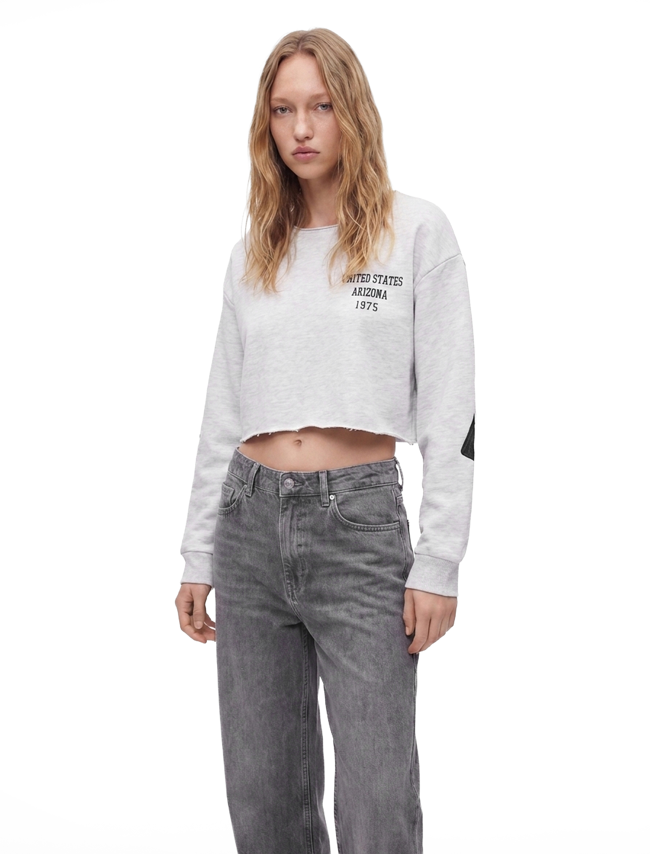   Şardonlu Rahat Kalıp Kayık Yaka Uzun Kollu Baskılı Crop Sweatshirt