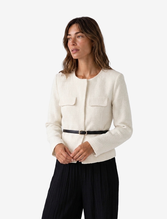  Slim Fit Asimetrik Bisiklet Yaka Kemerli Peplum Tüvit Ceket