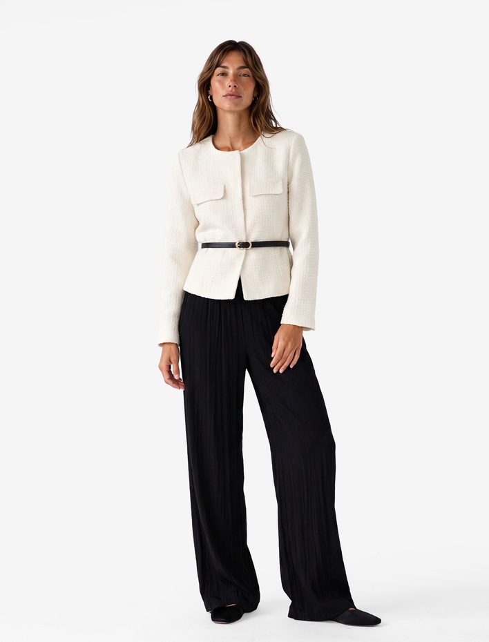  Slim Fit Asimetrik Bisiklet Yaka Kemerli Peplum Tüvit Ceket