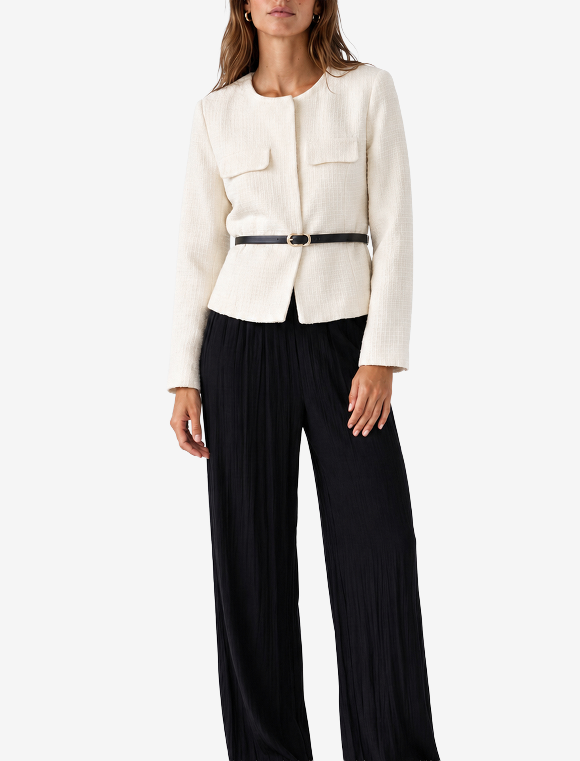  Slim Fit Asimetrik Bisiklet Yaka Kemerli Peplum Tüvit Ceket
