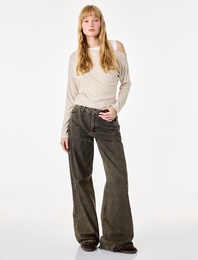Slim Fit Viskon Karışımlı Asimetrik Yaka Uzun Kollu Katmanlı Tişört