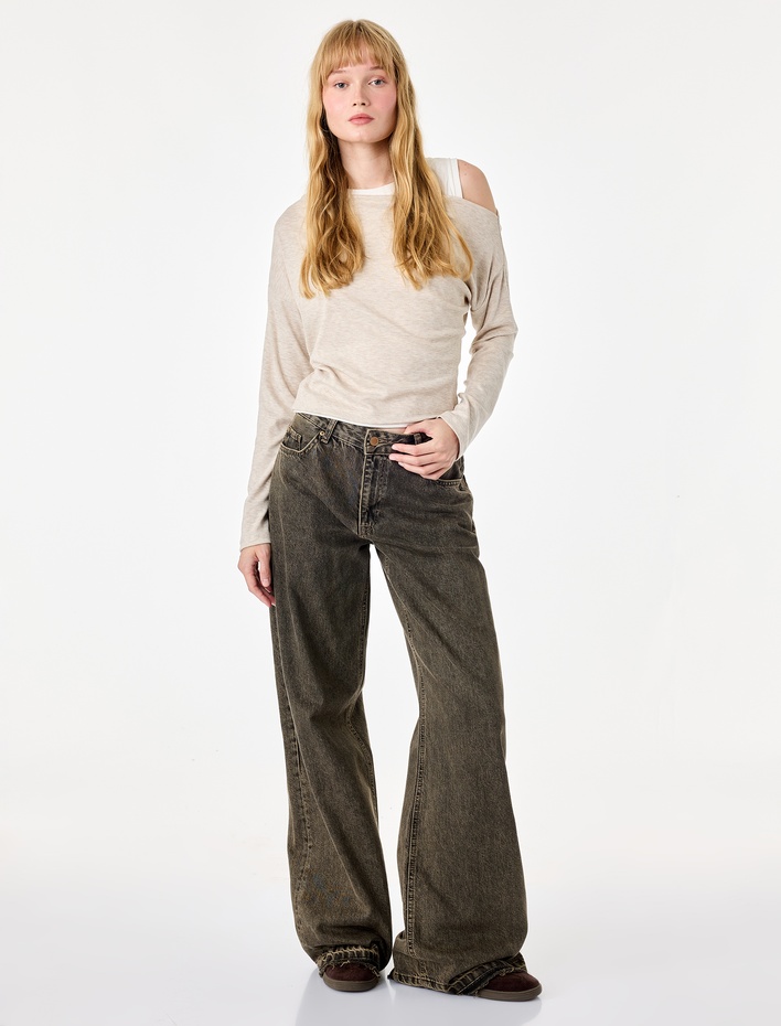  Slim Fit Viskon Karışımlı Asimetrik Yaka Uzun Kollu Katmanlı Tişört