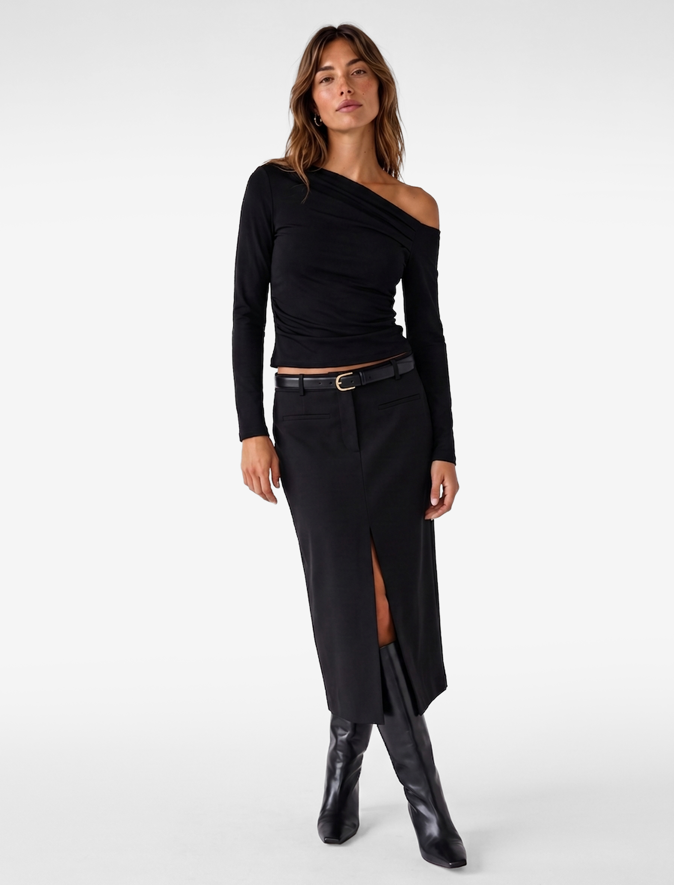   Slim Fit Drapeli Asimetrik Kesim Uzun Kollu Tek Omuz Tişört
