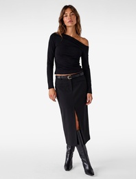 Slim Fit Drapeli Asimetrik Kesim Uzun Kollu Tek Omuz Tişört